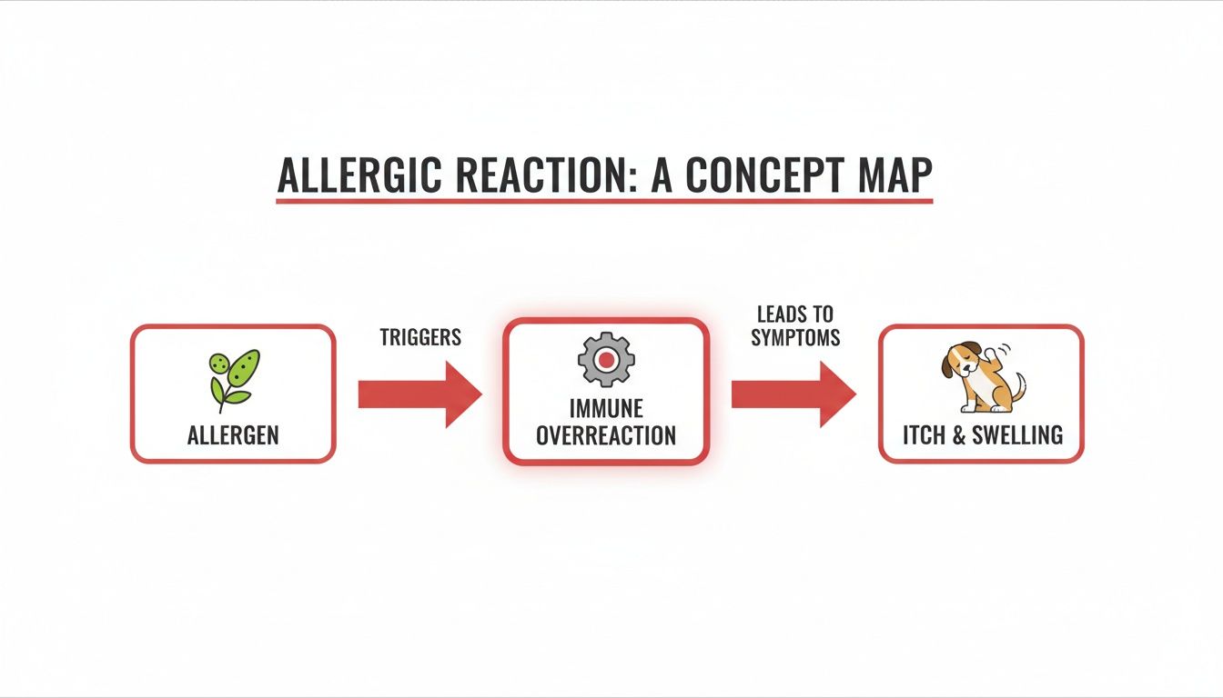 A concept map illustrates allergic reactions: allergen triggers immune overreaction, leading to itch and swelling.