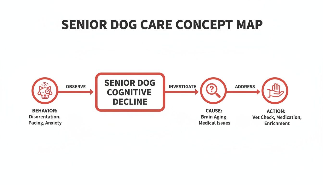 Concept map illustrating senior dog cognitive decline care, from observing behaviors to investigating causes and taking action.