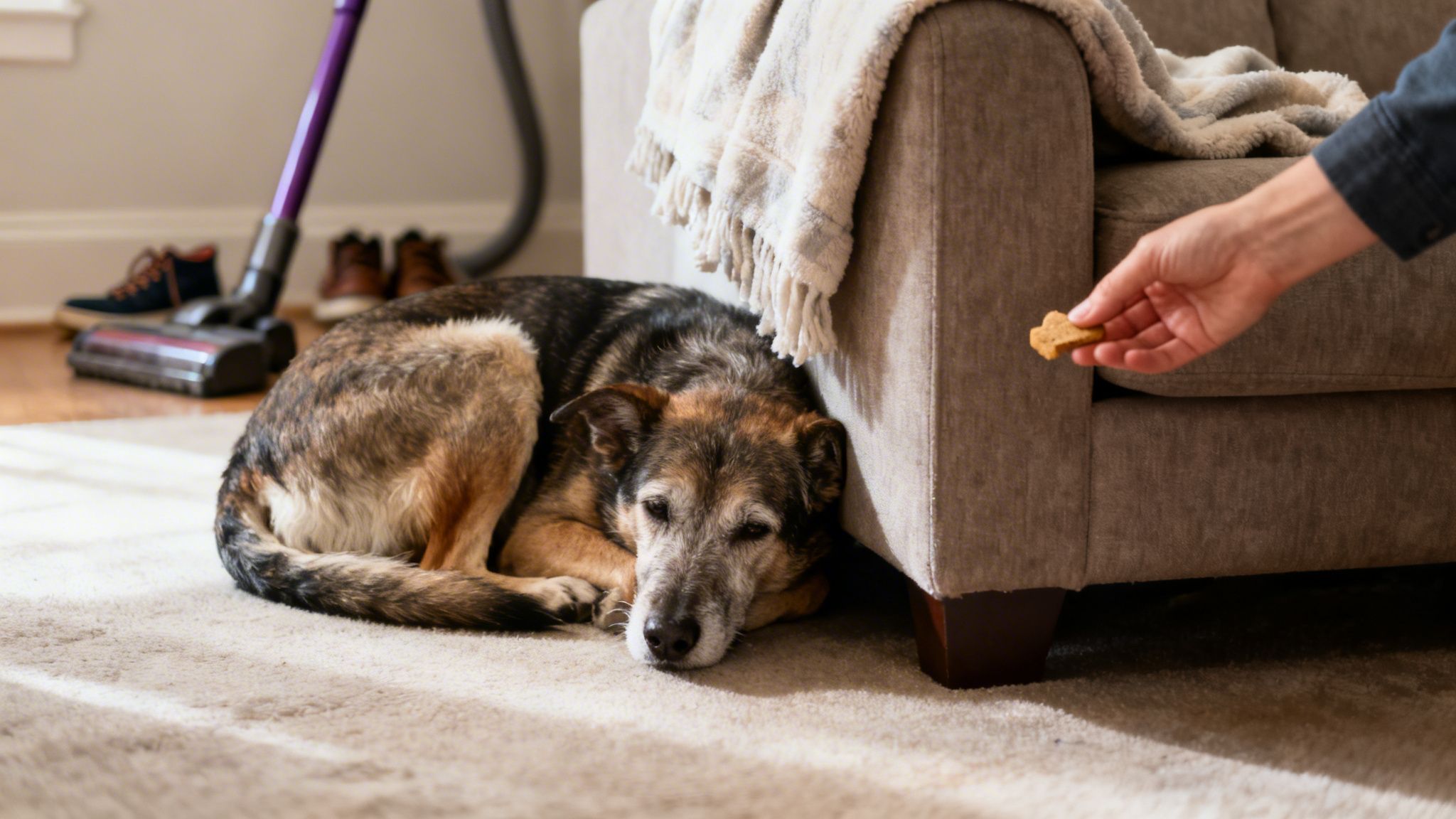 An old dog lies on a rug as a hand offers a treat near a couch.