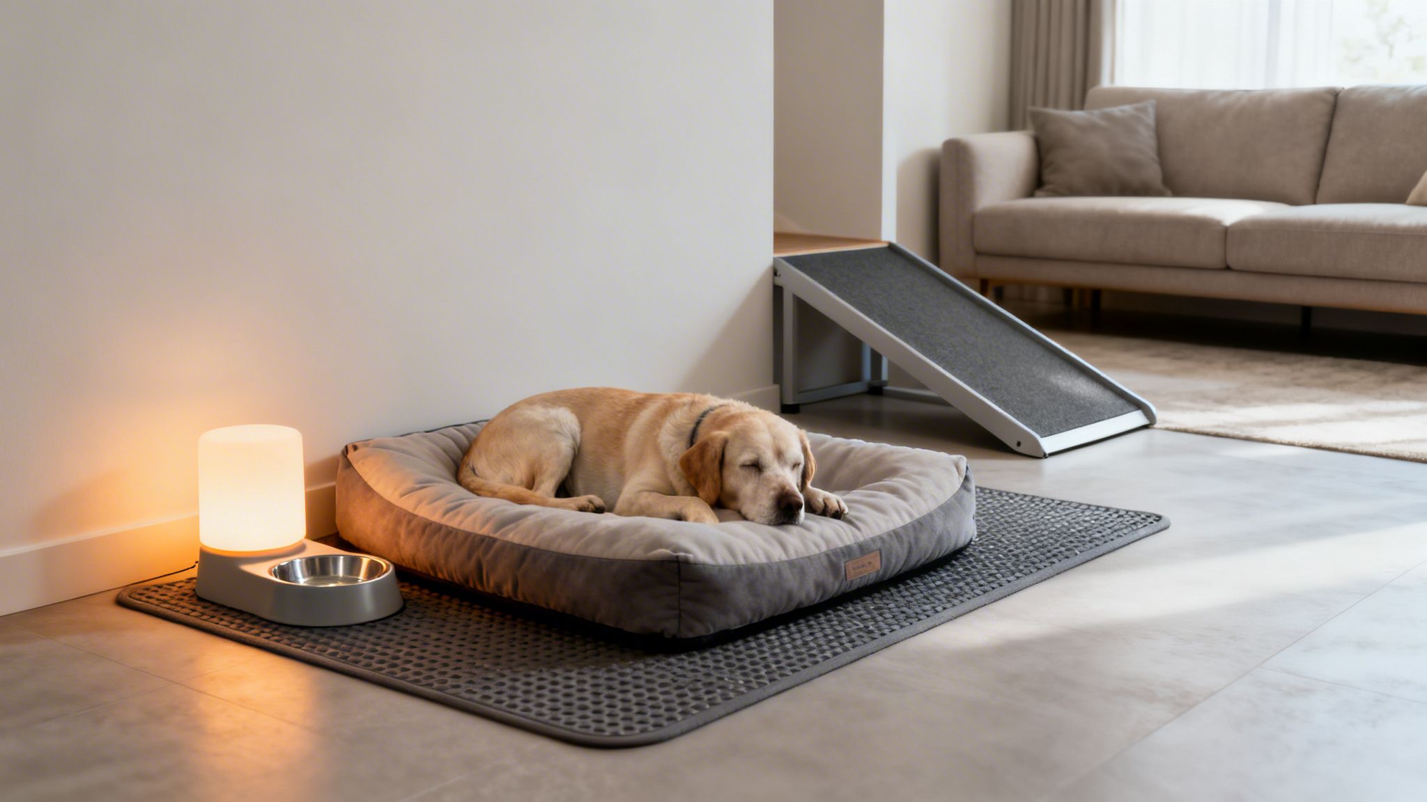 Peaceful golden Labrador sleeps on a soft grey dog bed with a modern feeder and ramp.