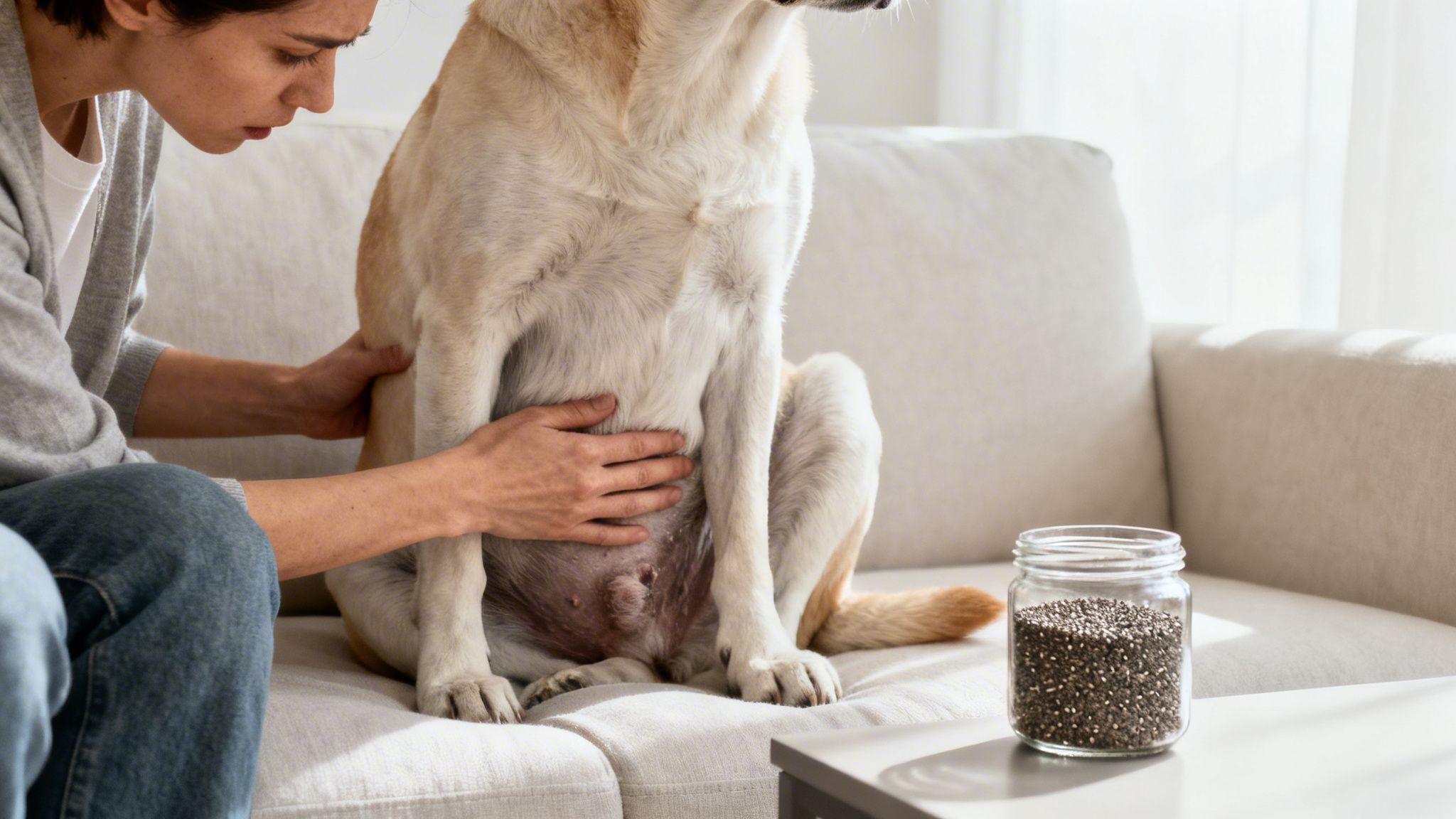 A person gently pets a light-colored dog on a couch, with a jar of chia seeds nearby.