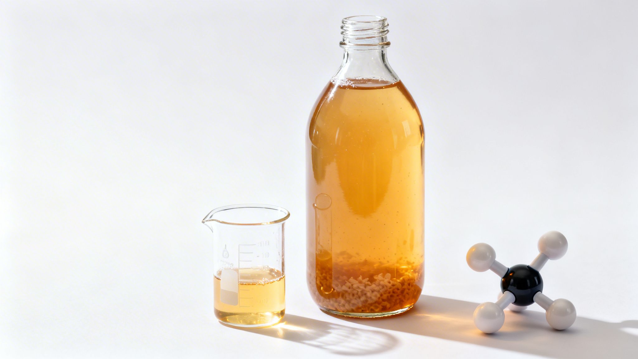A large bottle and small beaker of amber liquid with a methane molecular model on white.