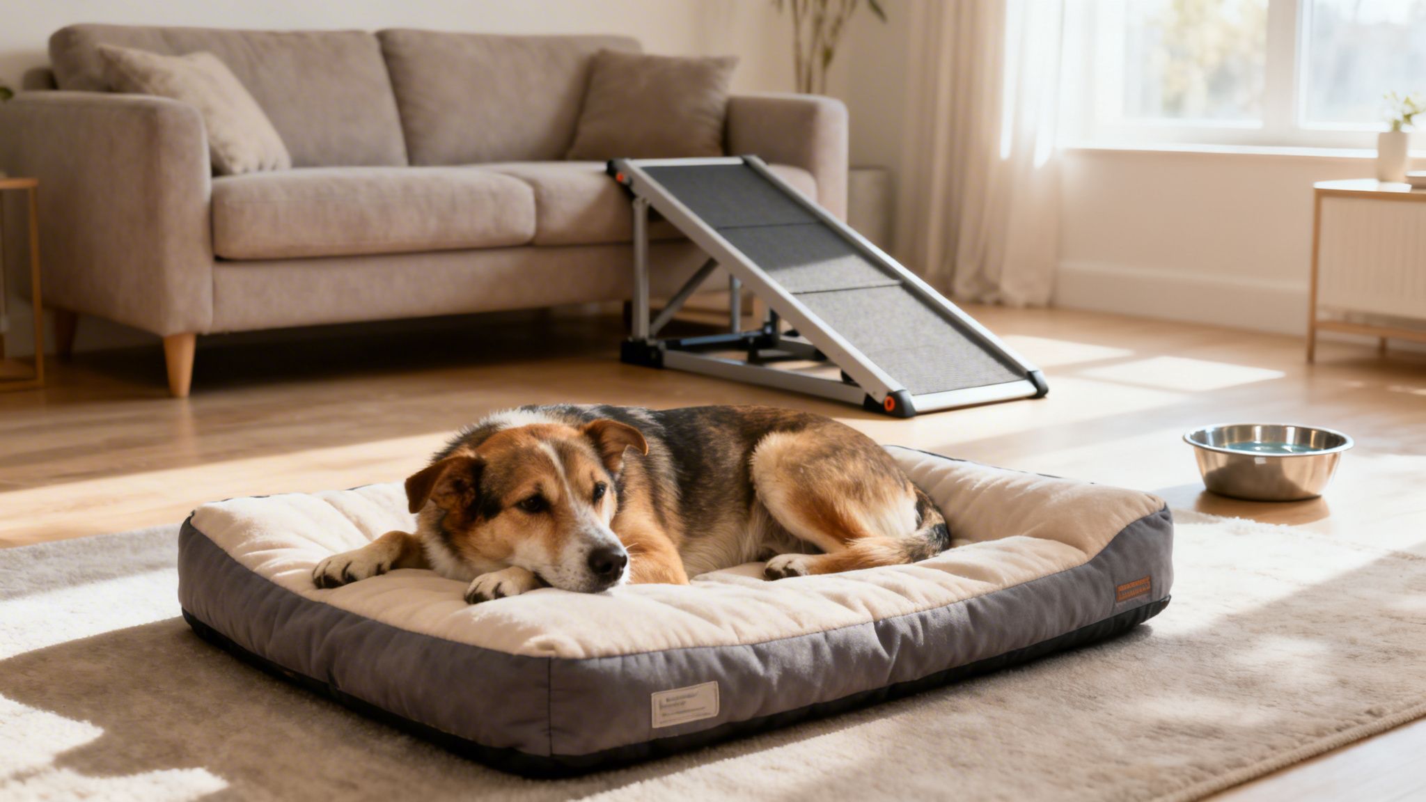 A content senior dog rests on a comfy bed in a bright living room with a dog ramp.