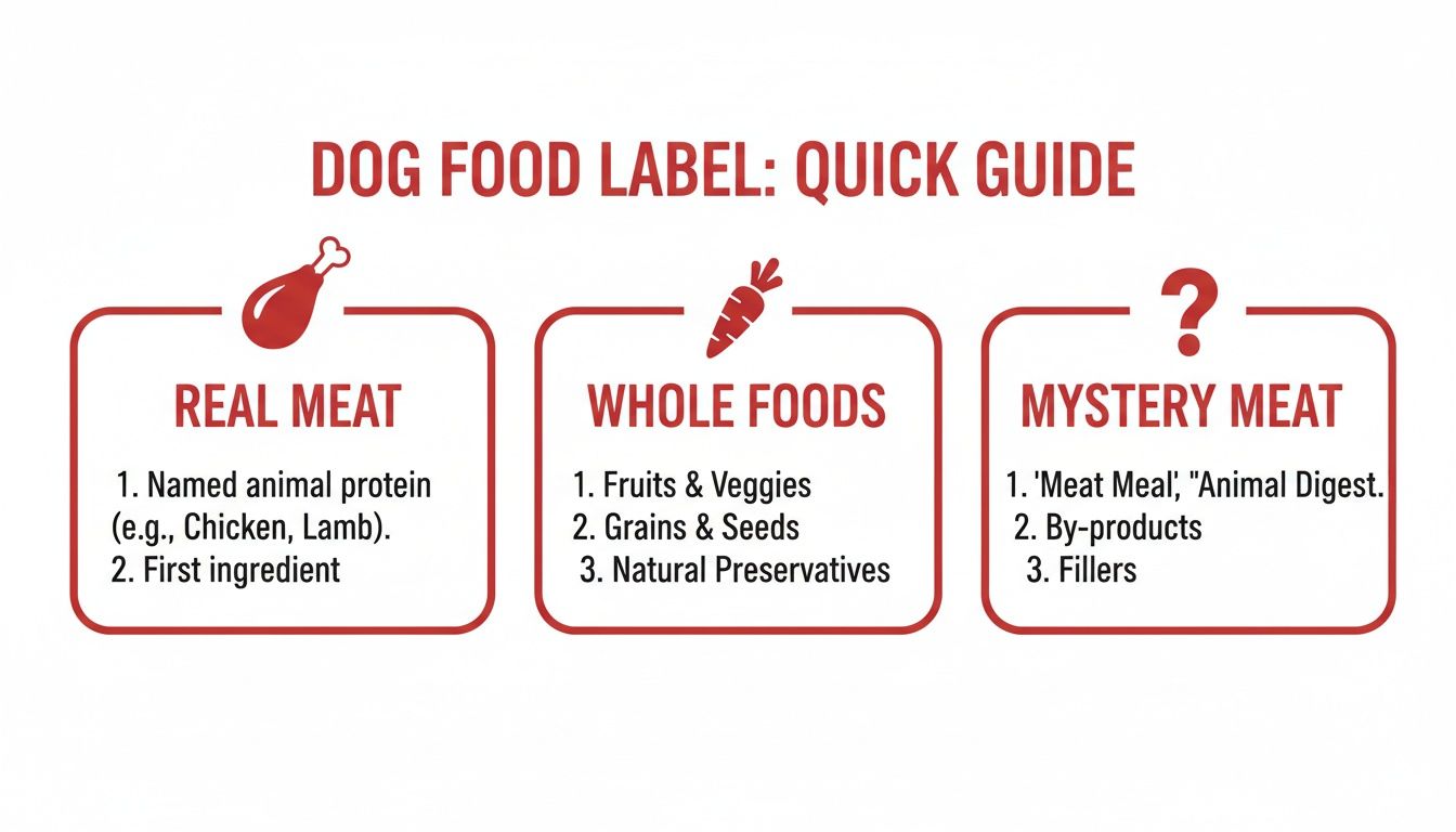 A quick guide to dog food labels, outlining real meat, whole foods, and mystery meat ingredients.