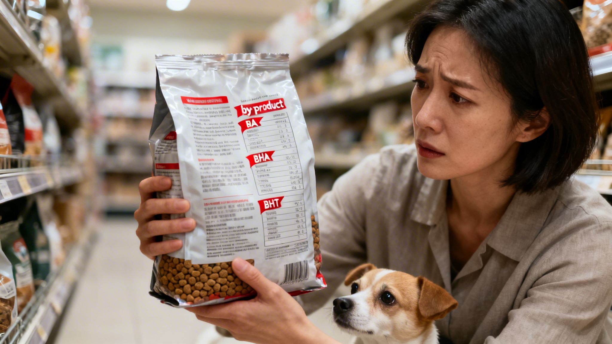 A concerned woman reads the ingredients on a dog food bag in a store aisle with her small dog.