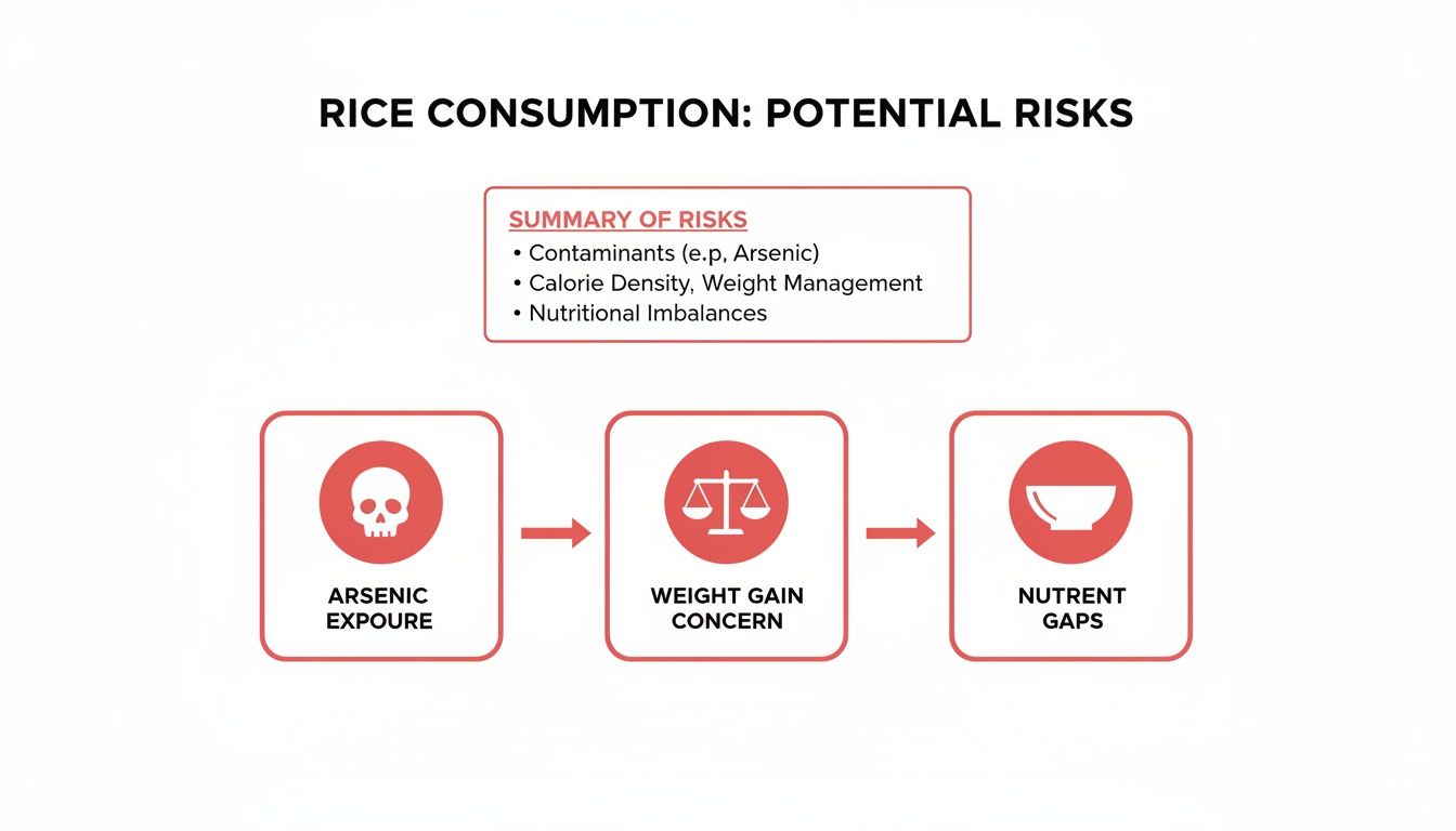 Infographic showing potential risks of rice consumption, including arsenic exposure, weight gain, and nutrient gaps.