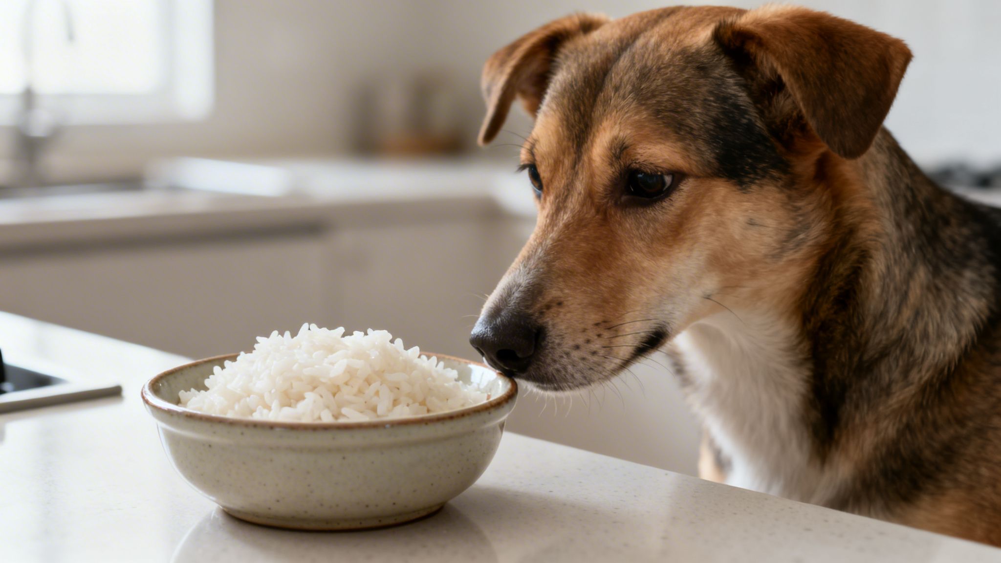 A brown and black dog intently observes a bowl of white rice on a clean kitchen counter.
