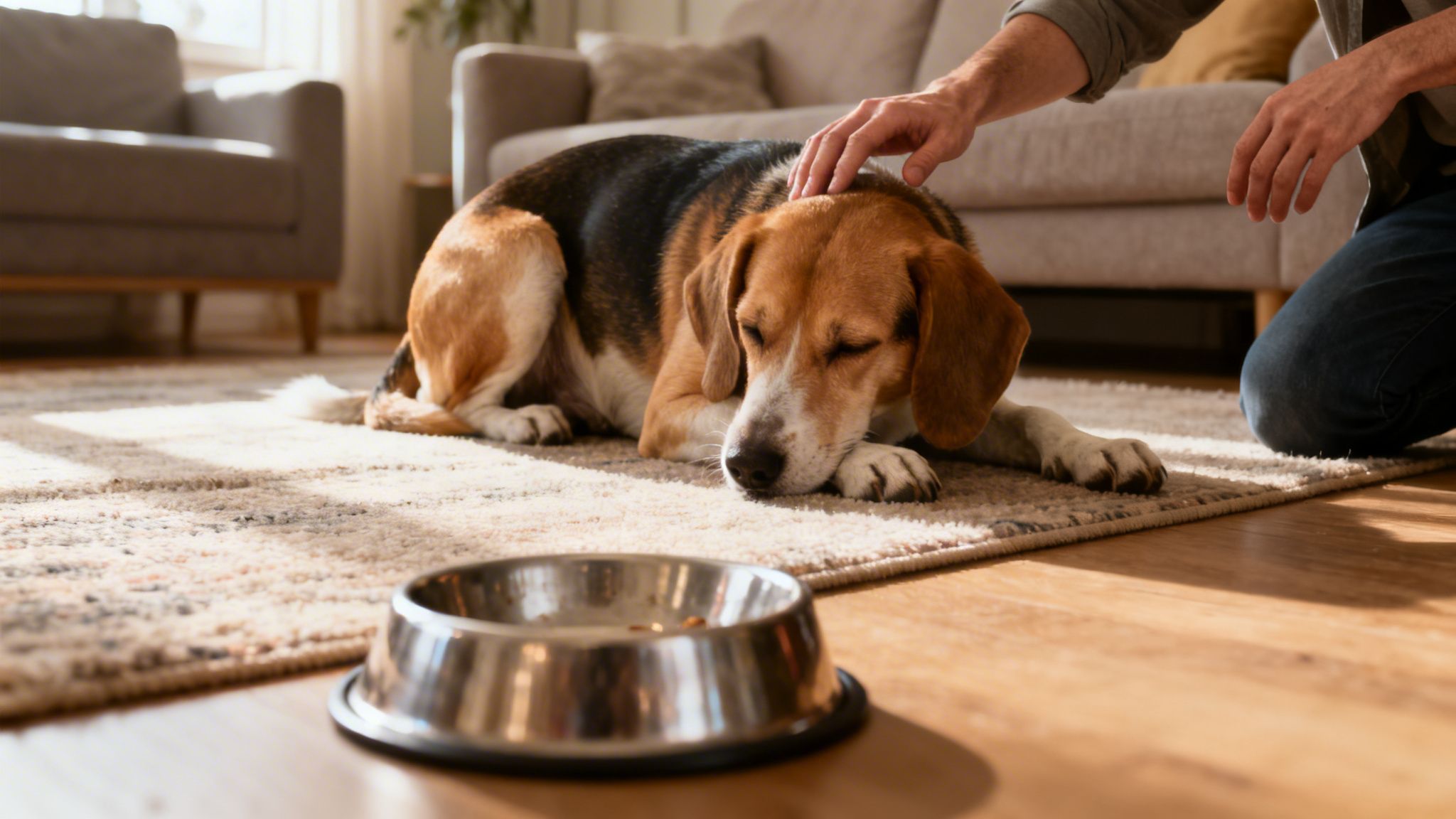 A peaceful beagle dog is being petted by a human in a sunny living room with a food bowl.