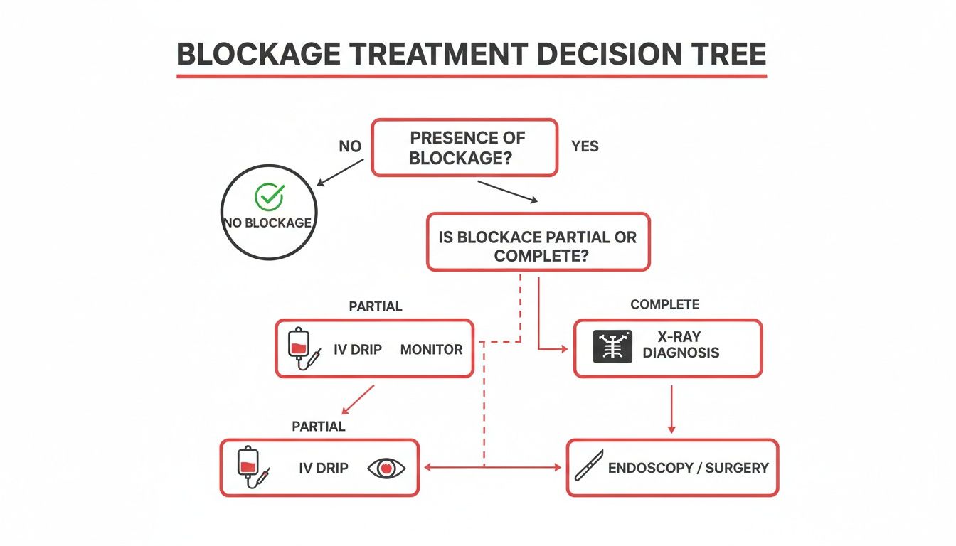Flowchart detailing the decision-making process for blockage treatment, including diagnosis and intervention.