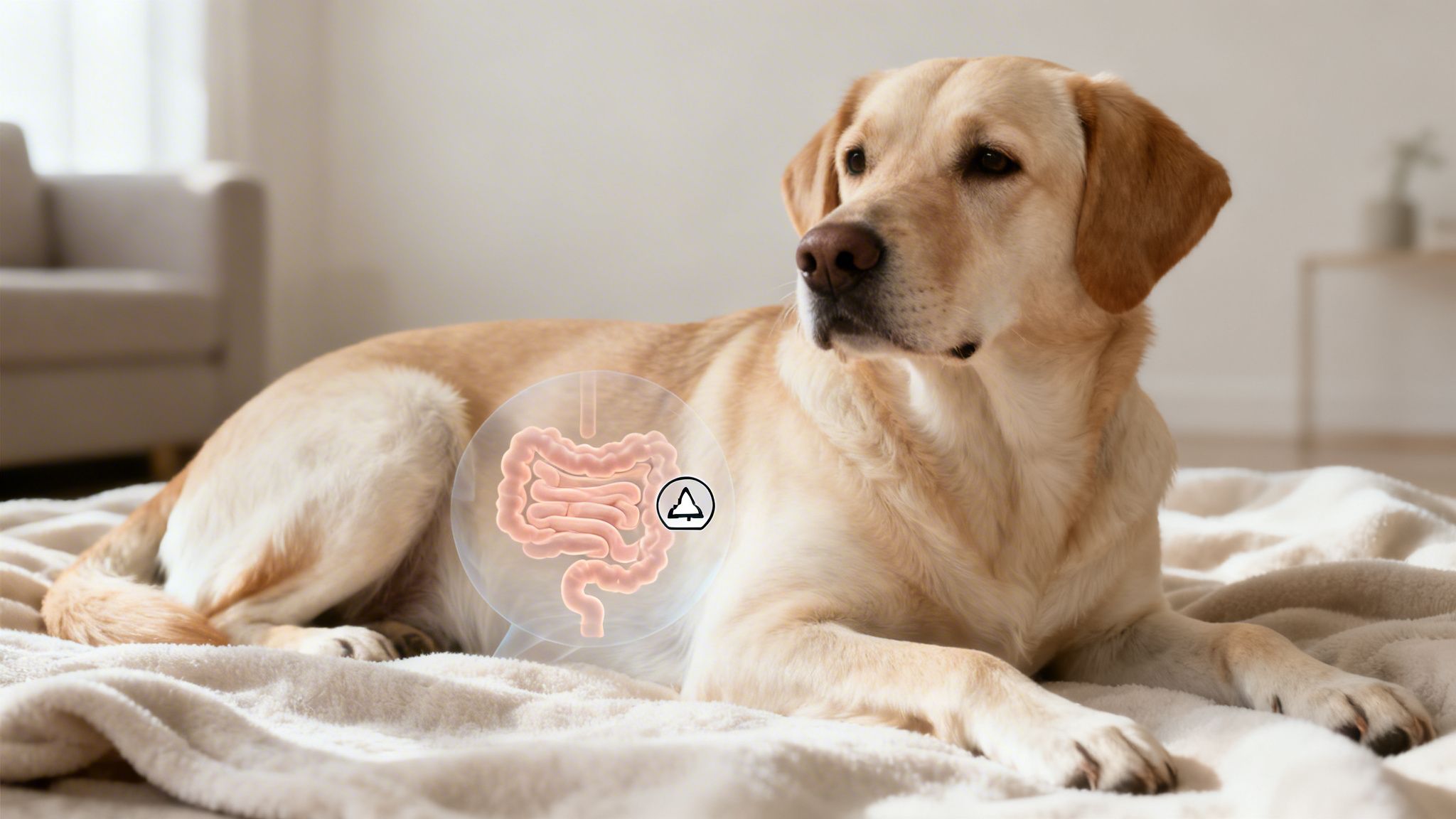 A golden retriever dog lying on a white blanket with a translucent overlay of its intestines and a warning icon.