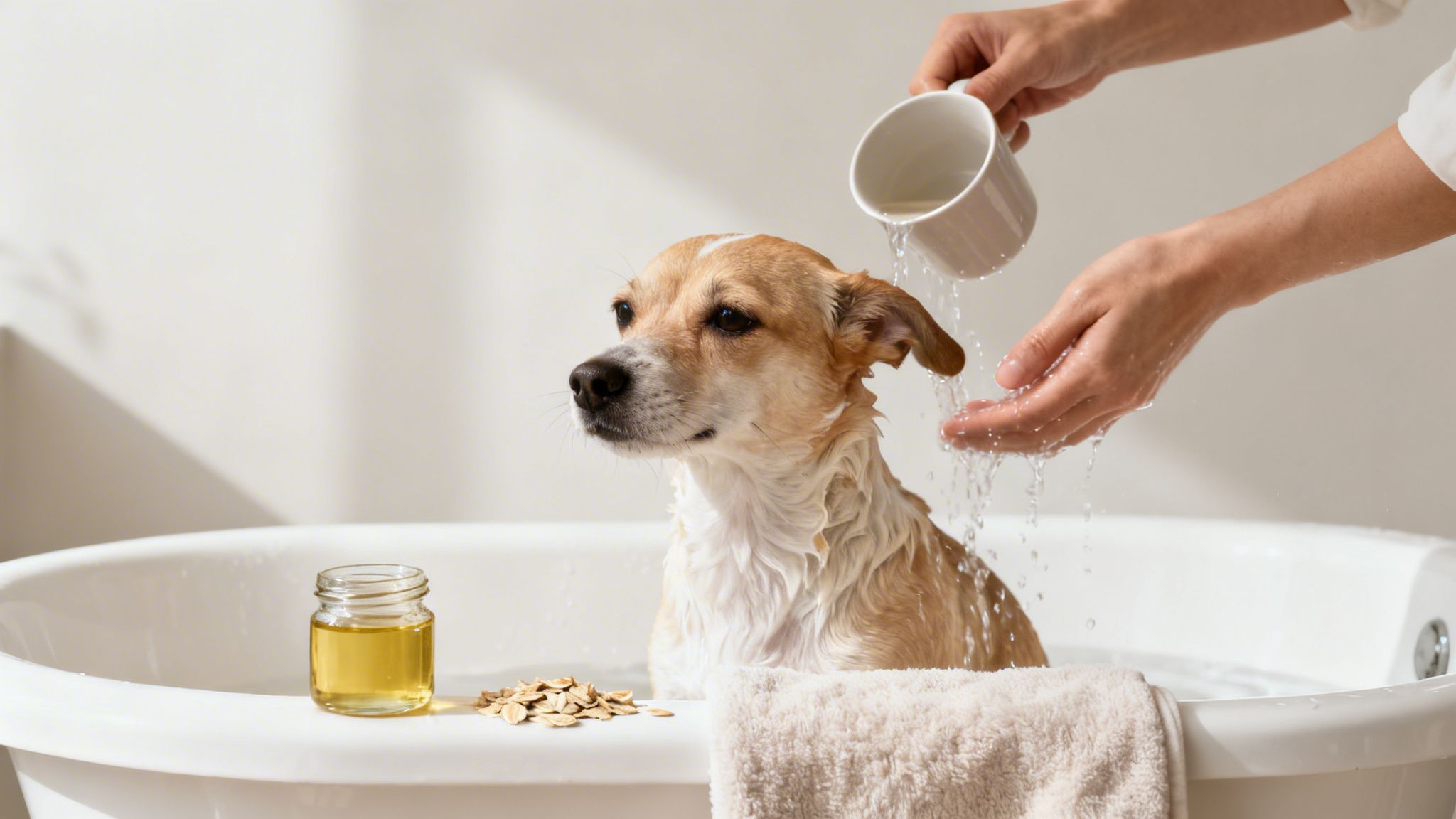 A person gives a wet brown and white dog an oatmeal bath in a white tub.