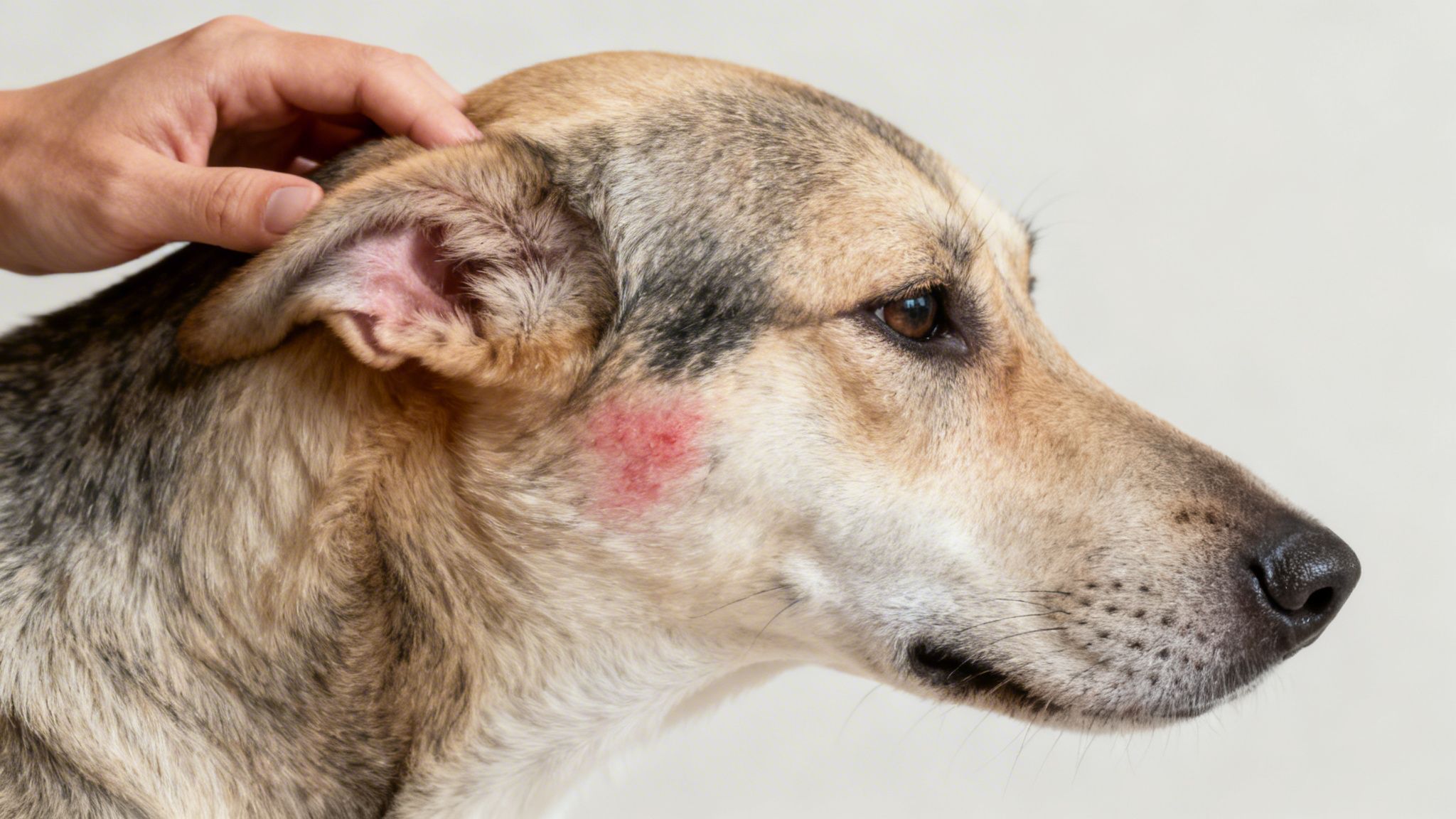 Close-up of a human hand touching a dog's ear, revealing a red, irritated patch of skin.