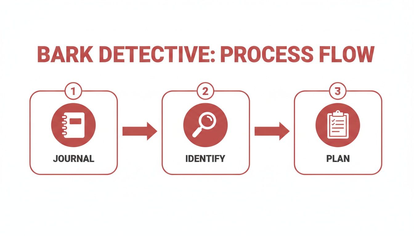 A visual process flow for Bark Detective, outlining three steps: Journal, Identify, and Plan.