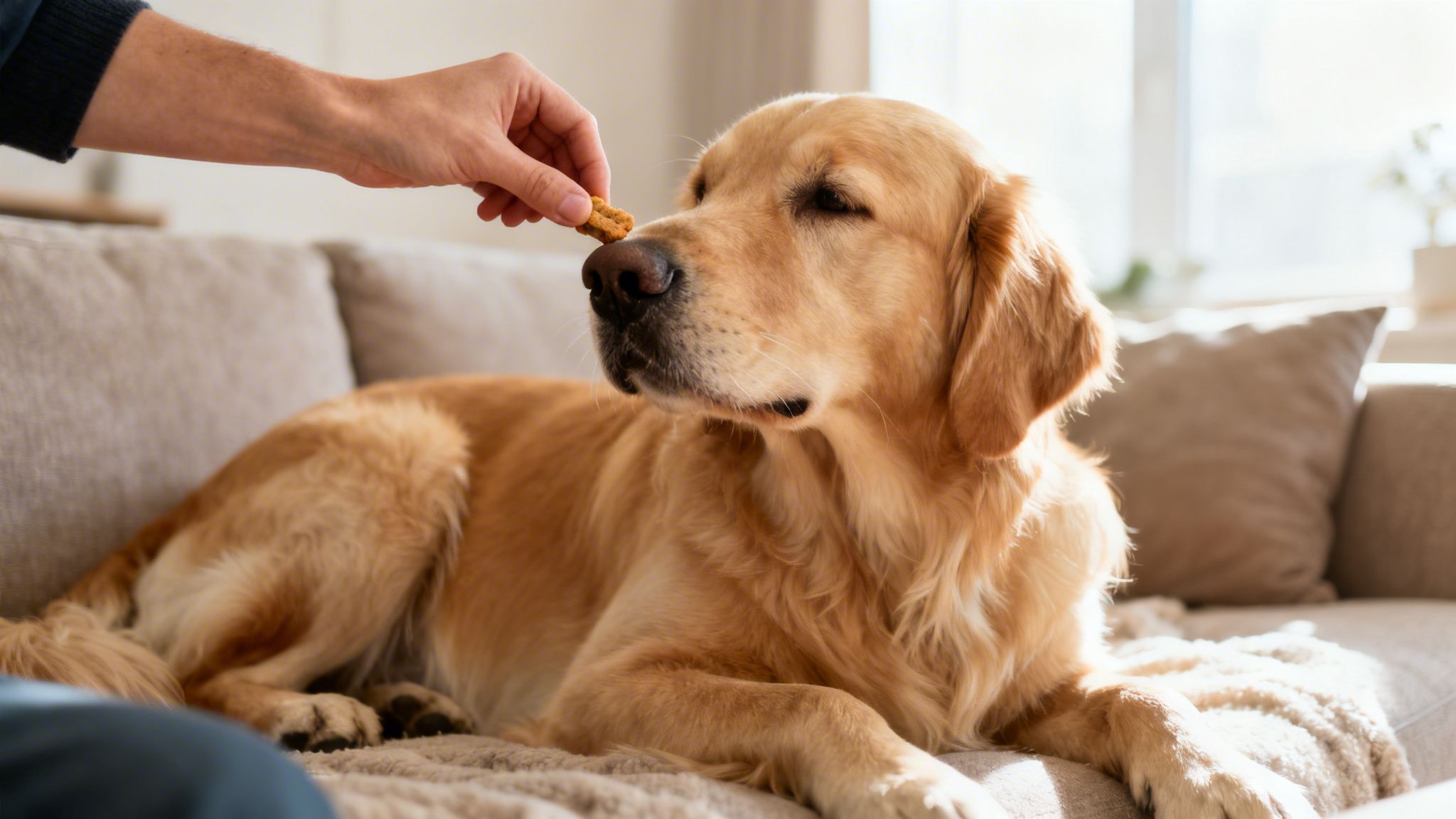 A person's hand offers a small treat to a golden retriever dog lying on a comfortable couch.