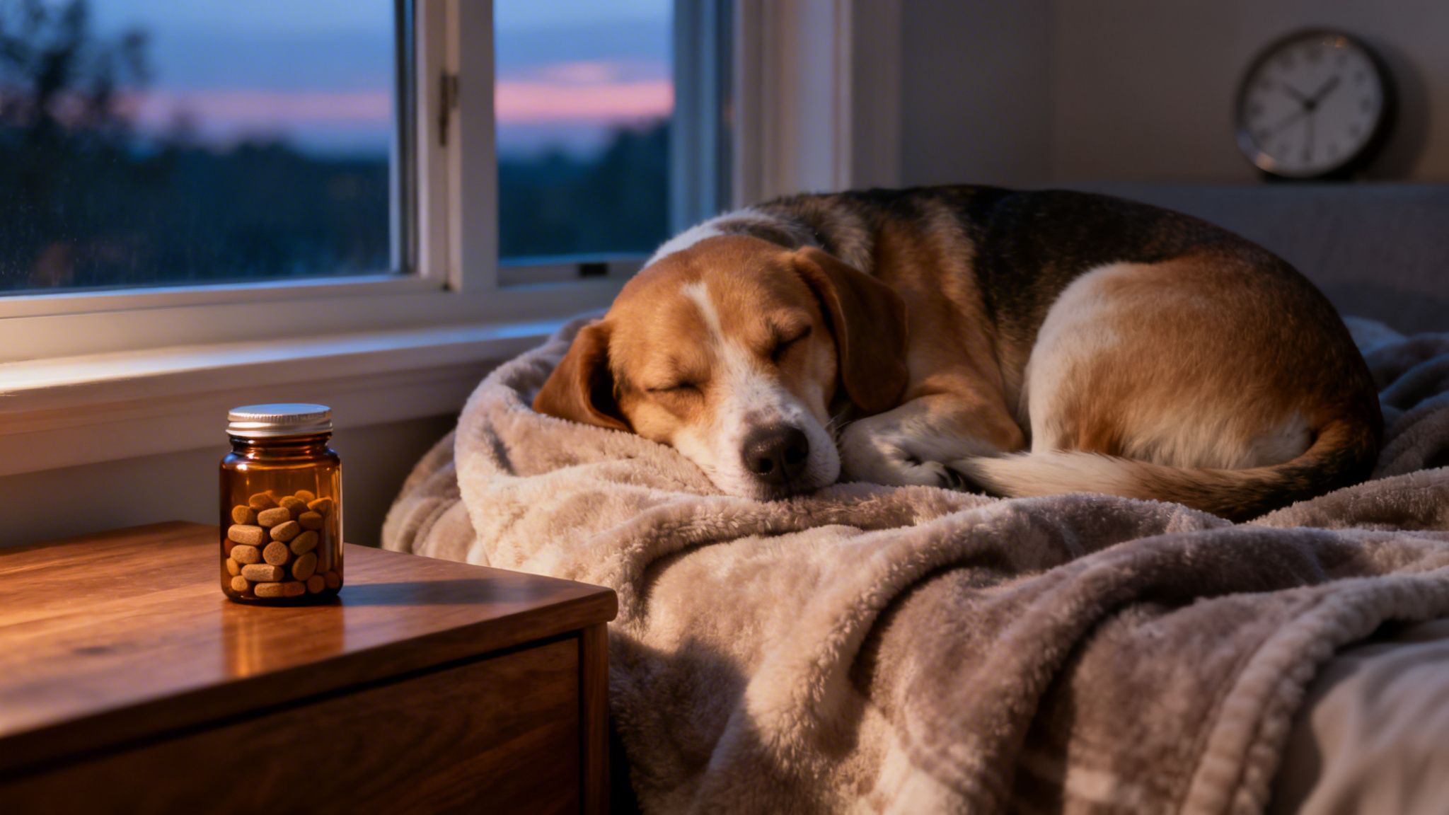 A beagle dog sleeps peacefully on a soft blanket next to a jar of brown supplements on a nightstand.