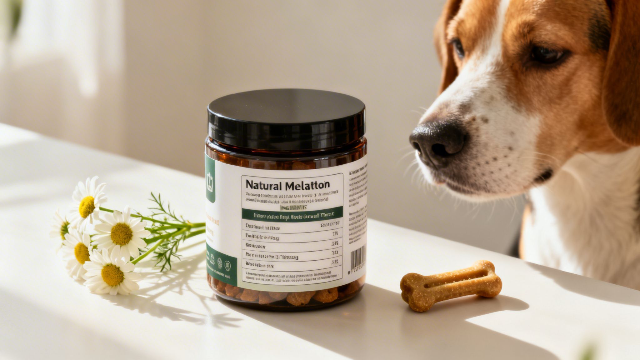 A Beagle dog attentively looking at a jar of natural melatonin supplements and a bone treat.