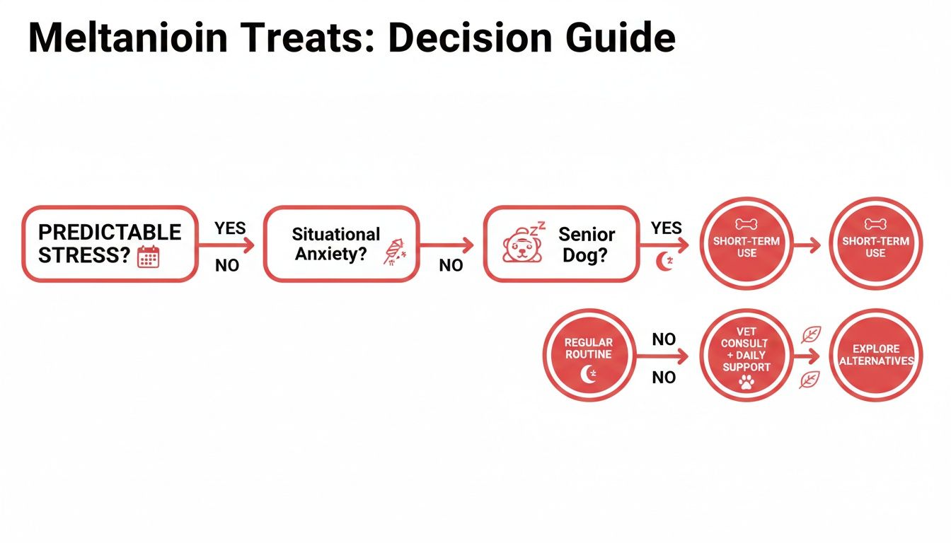 Flowchart for Meltanioin Treats: decision guide for managing predictable stress and situational anxiety in dogs.