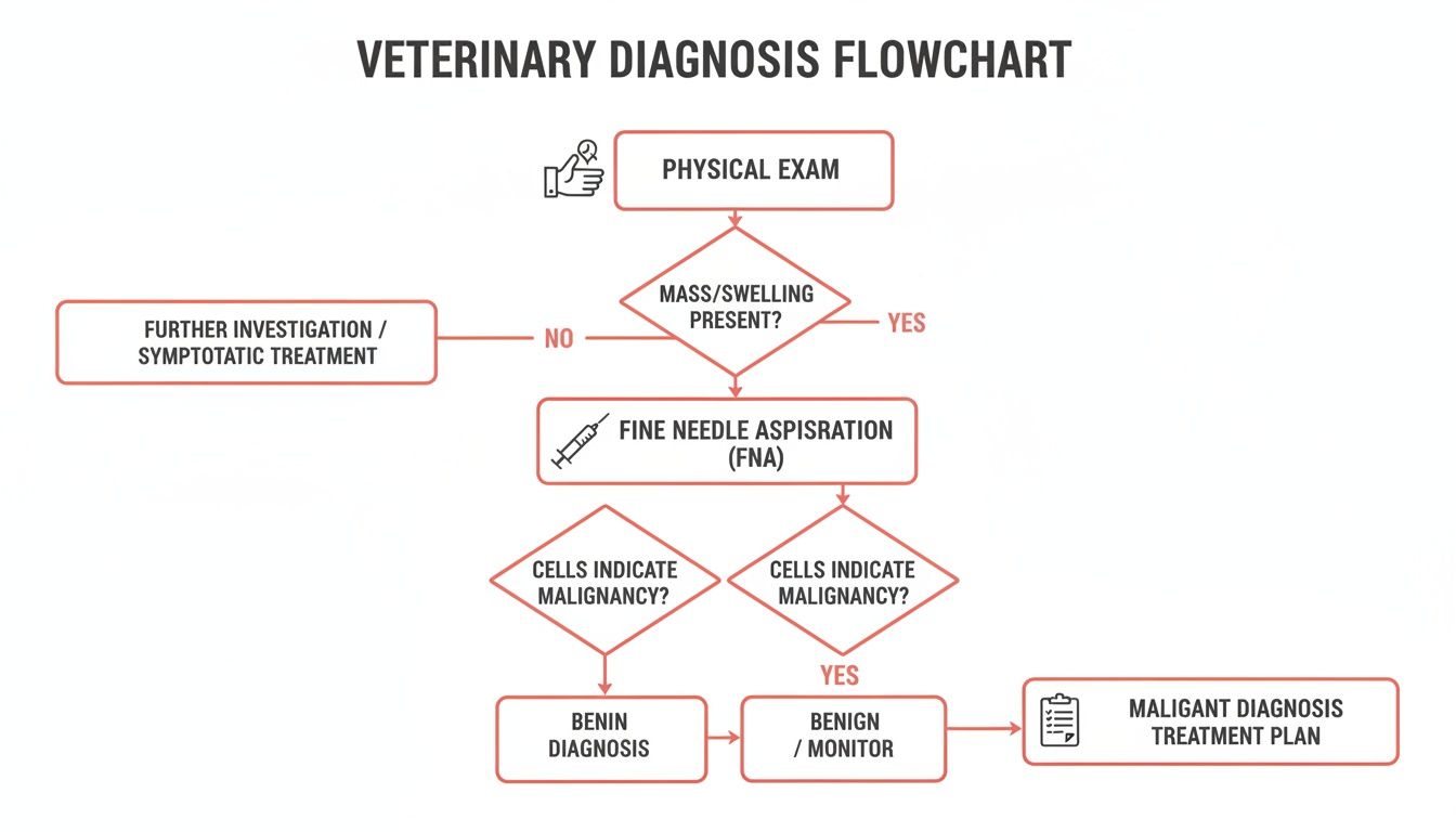 Flowchart detailing veterinary diagnosis process for masses or swellings, from physical exam to treatment.