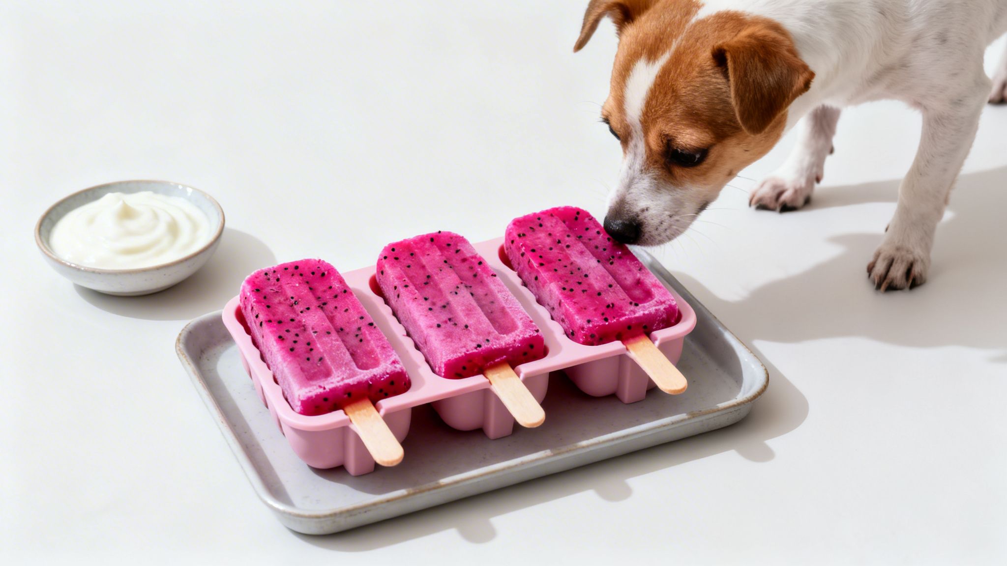 A cute Jack Russell dog sniffs vibrant pink dragon fruit popsicles next to a bowl of yogurt.