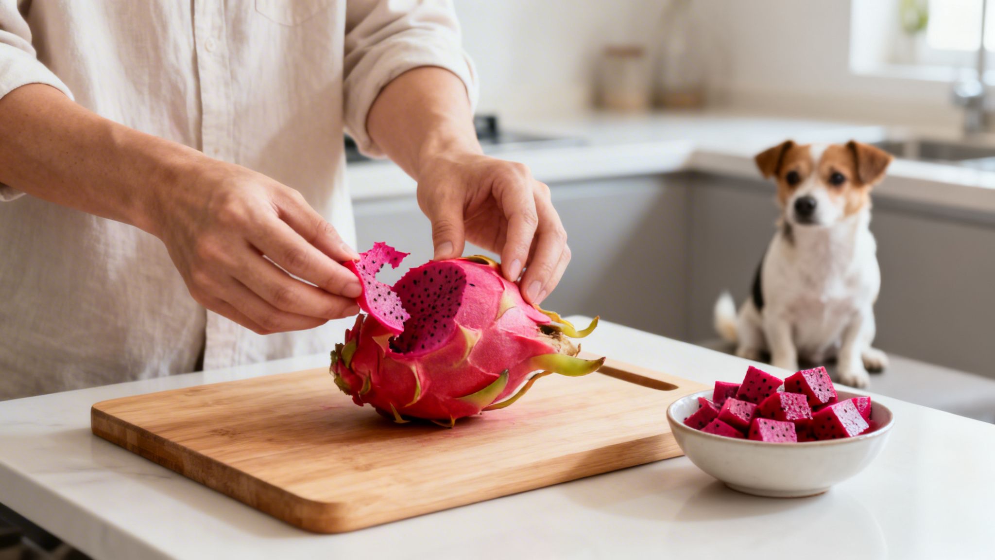 A person's hands are peeling a vibrant pink dragon fruit on a wooden cutting board, with diced fruit and a dog in the background.