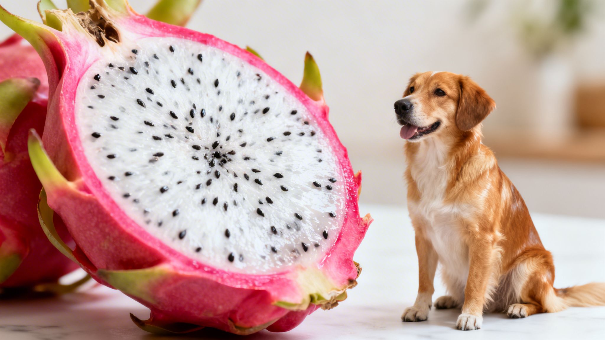 A happy golden-brown dog sits next to a large, sliced dragon fruit on a white surface.