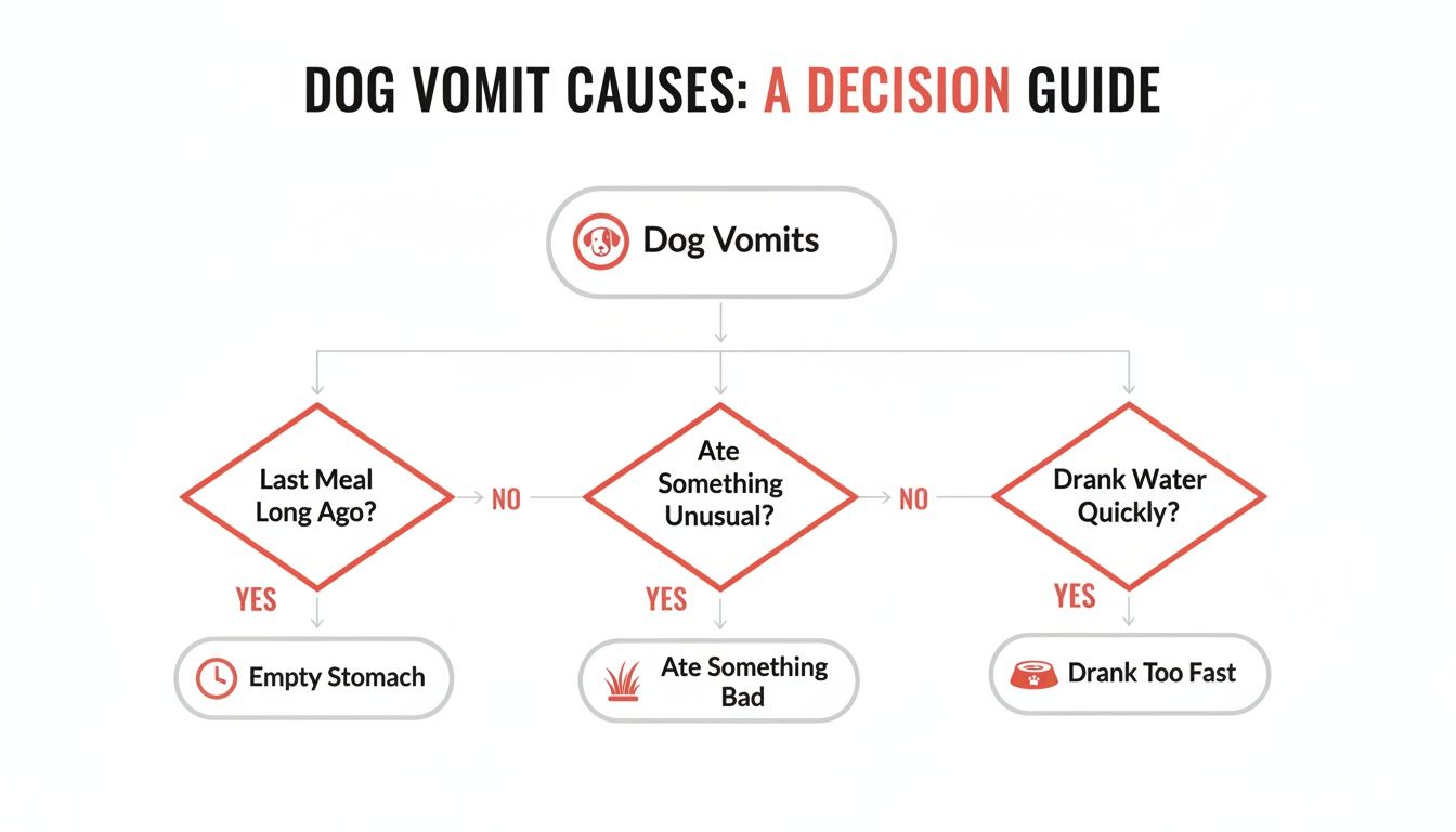 A flowchart titled 'Dog Vomit Causes: A Decision Guide' detailing reasons a dog might vomit.