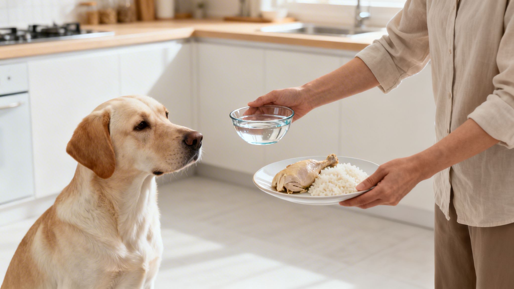 A person offers a meal of chicken, rice, and water to a hungry golden Labrador in a kitchen.