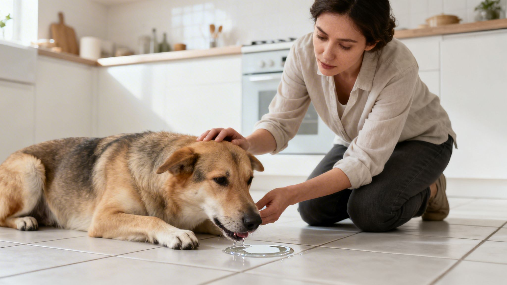 A woman kneels, gently petting her dog which is throwing up clear liquid on a kitchen floor.
