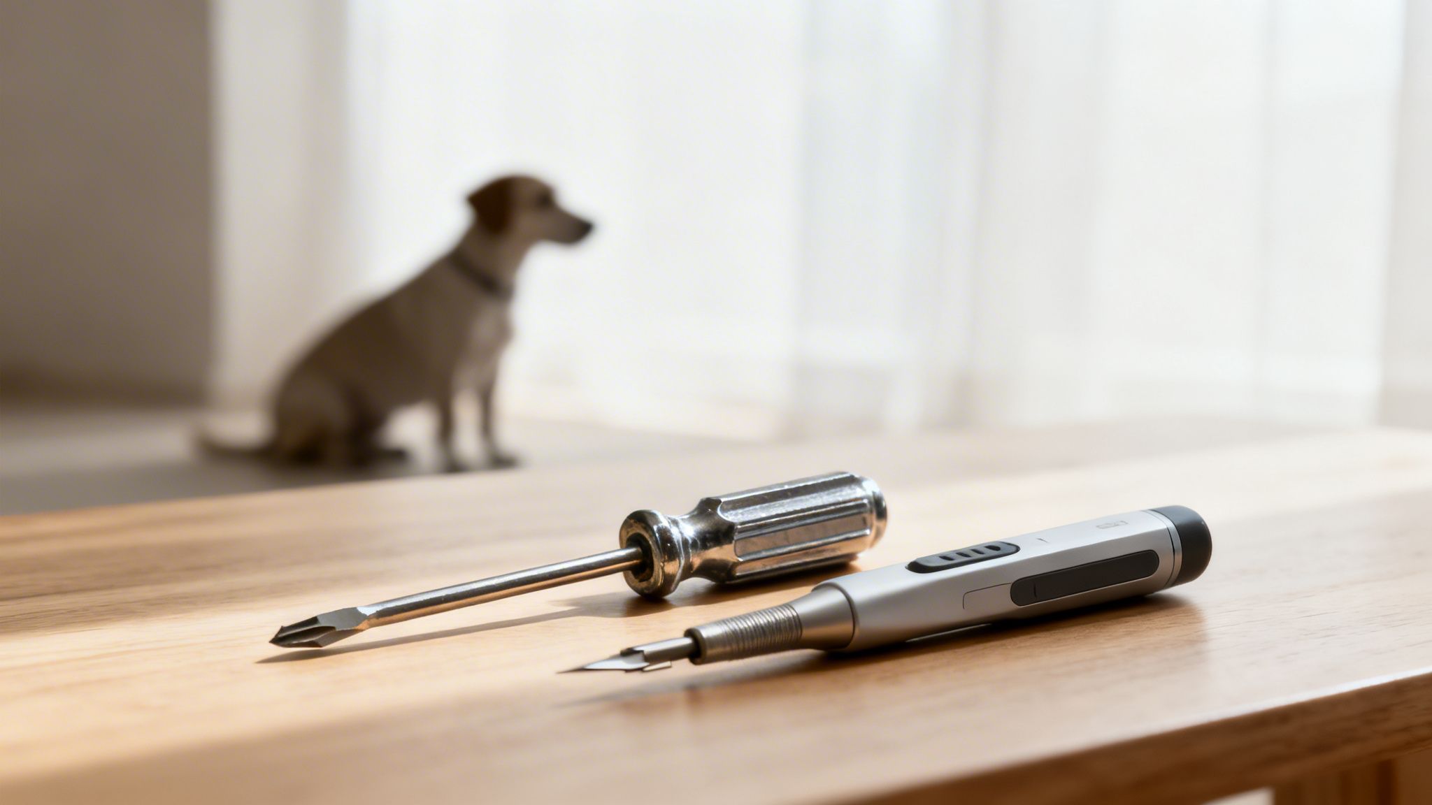 Two screwdrivers rest on a wooden table, with a blurred dog sitting in the background.