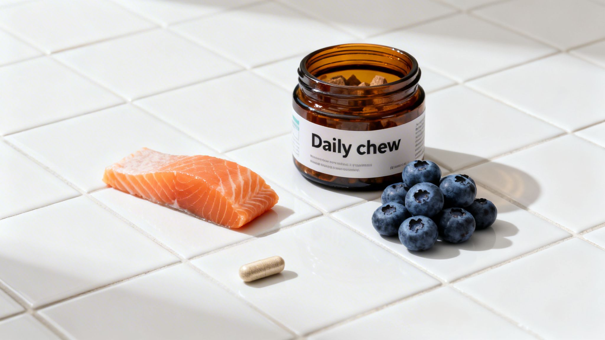 A piece of salmon, a jar of 'Daily chew' treats, fresh blueberries, and a capsule, illustrating healthy pet supplements.