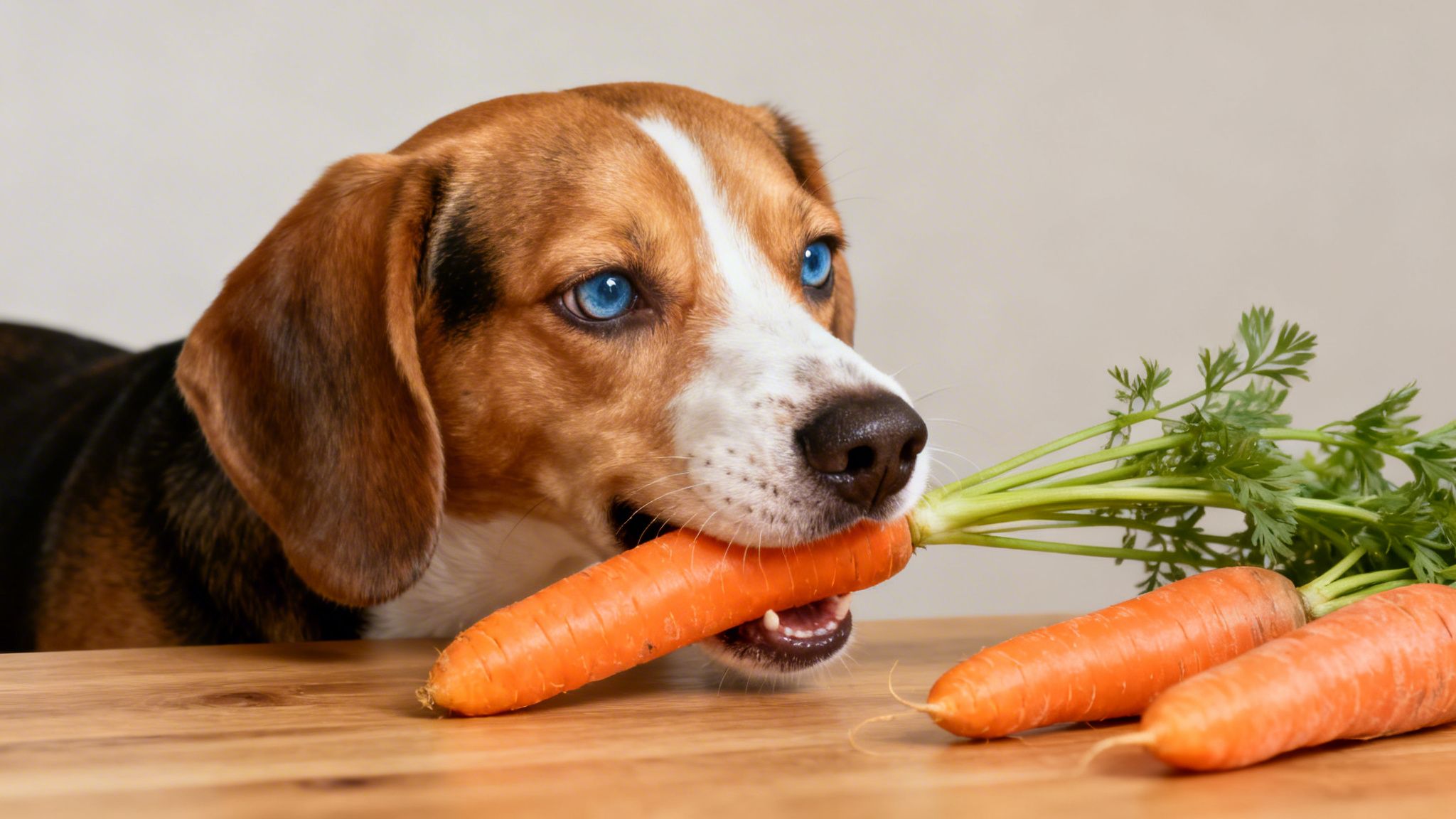 A happy beagle dog with striking blue eyes holds a fresh carrot in its mouth on a wooden table.