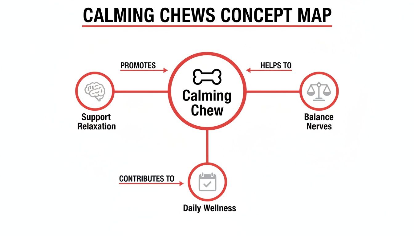 Concept map illustrating the benefits of Calming Chew, promoting relaxation, balancing nerves, and contributing to daily wellness.
