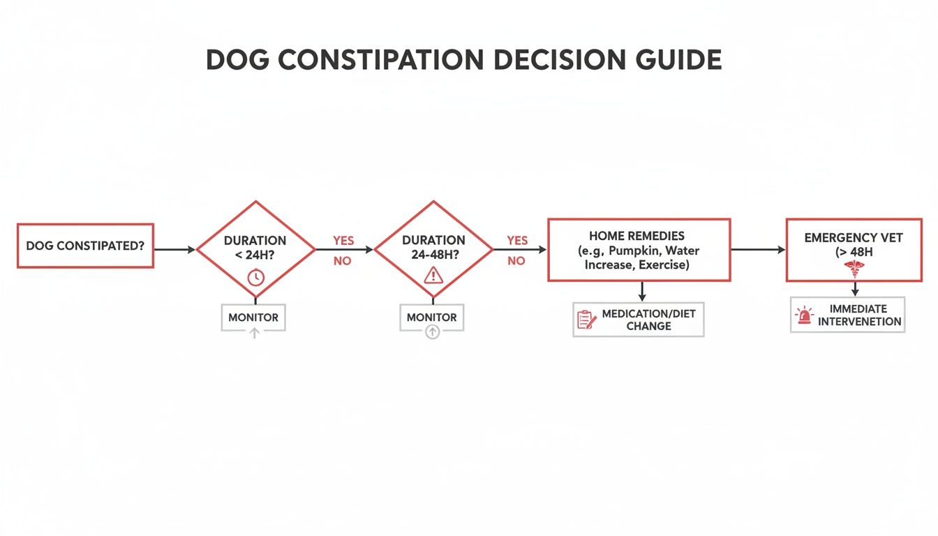 Flowchart outlining decision steps for dog constipation based on duration, including home remedies and vet care.