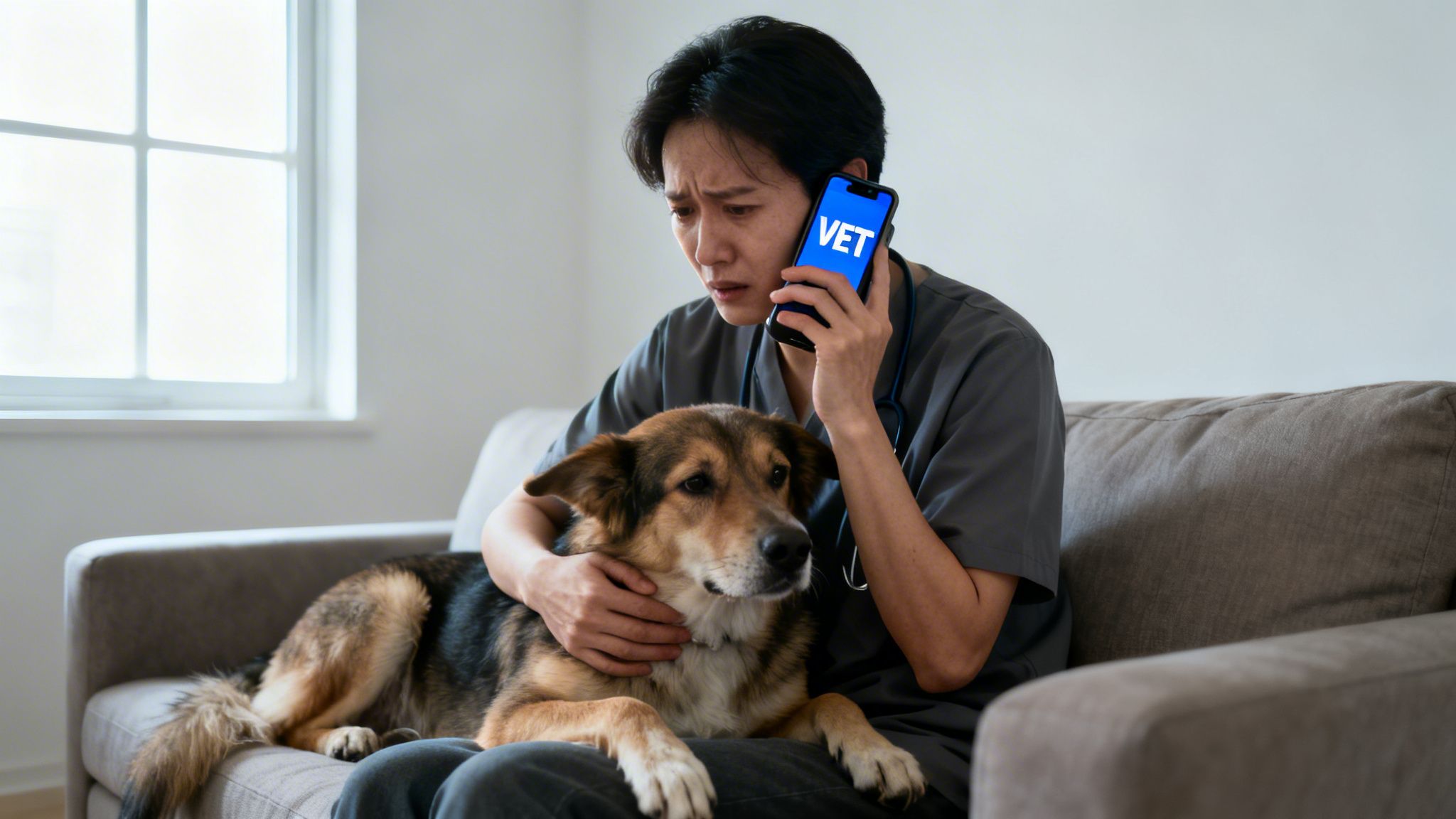 A worried person in scrubs calls a vet on the phone while embracing their dog on a couch.