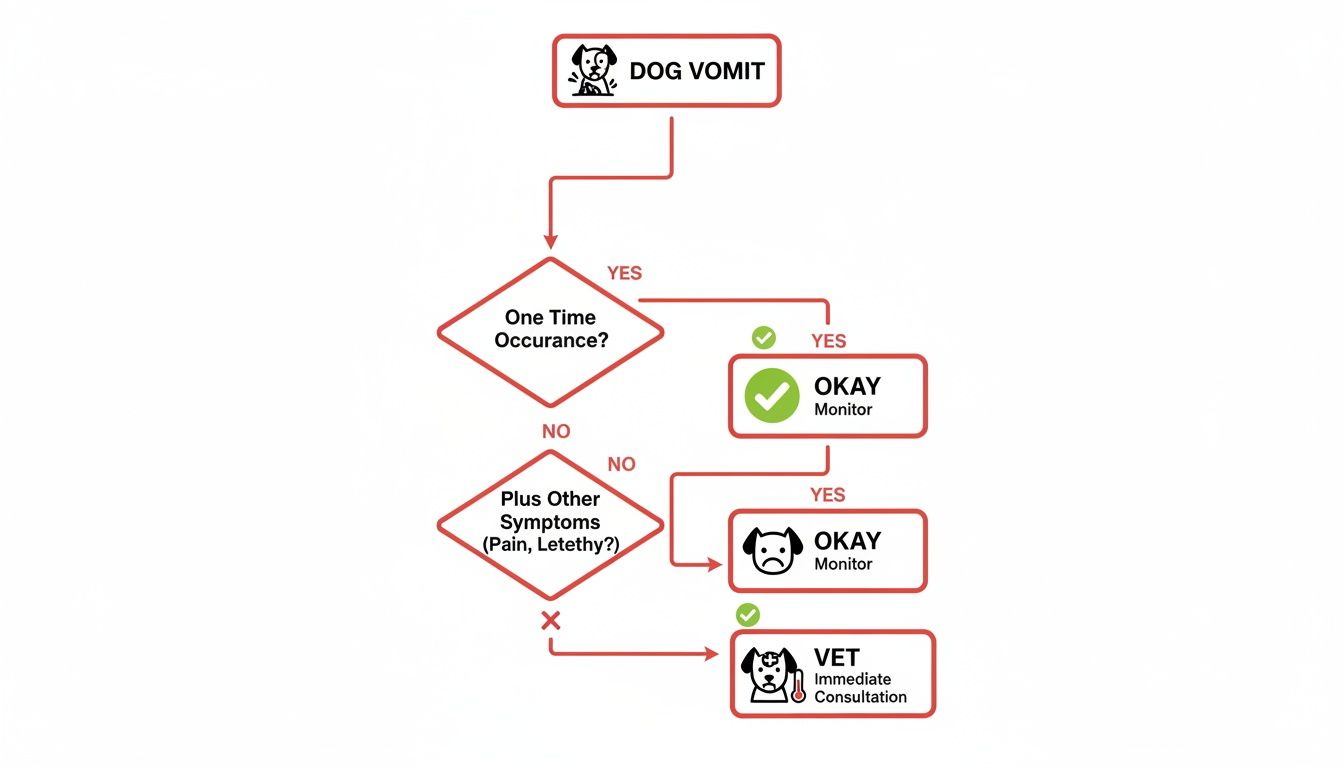 Flowchart guiding dog owners on actions to take for dog vomit, considering occurrence frequency and other symptoms.