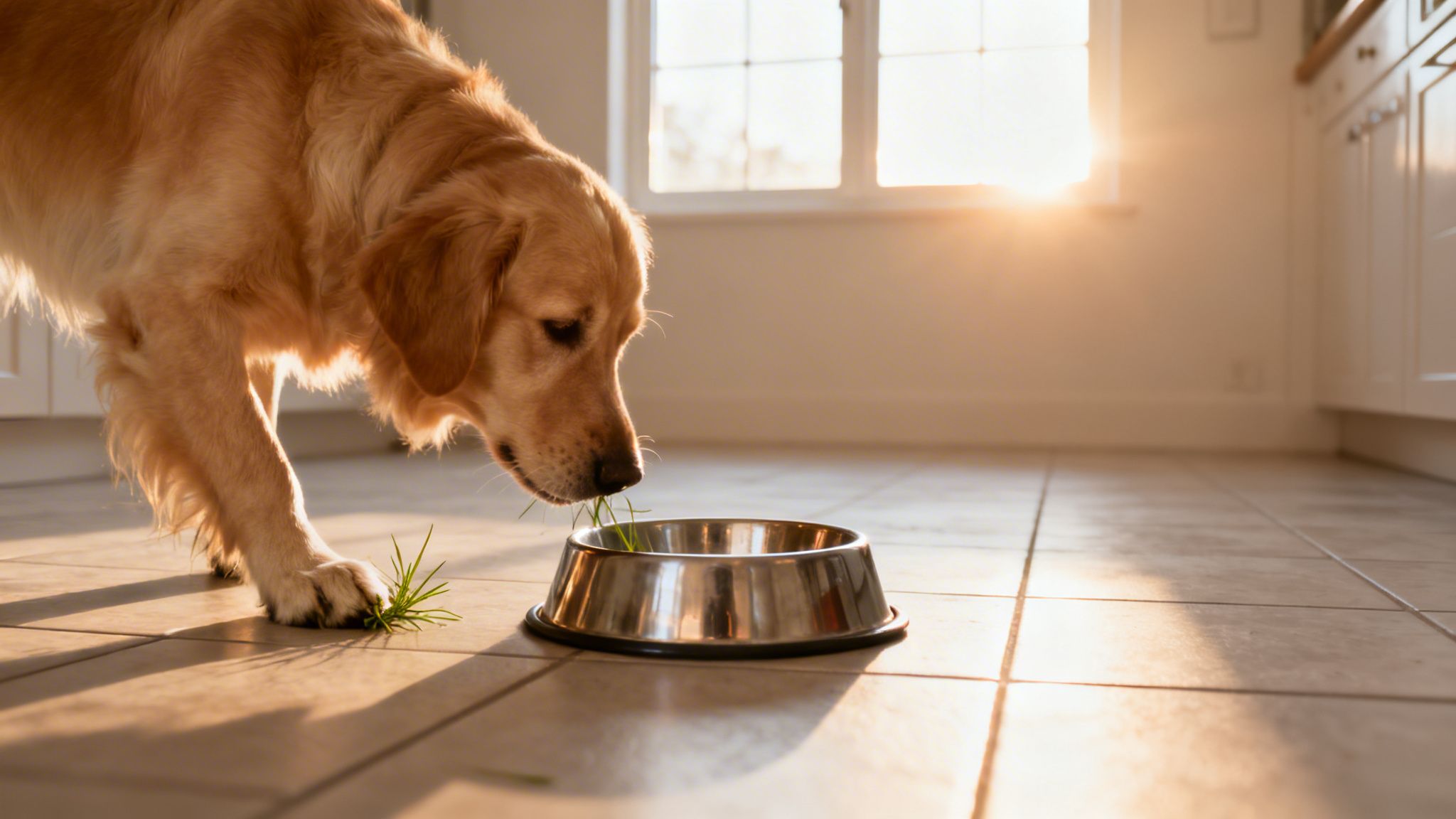 A golden retriever dog sniffs green grass next to an empty metal food bowl on a sunny kitchen floor.