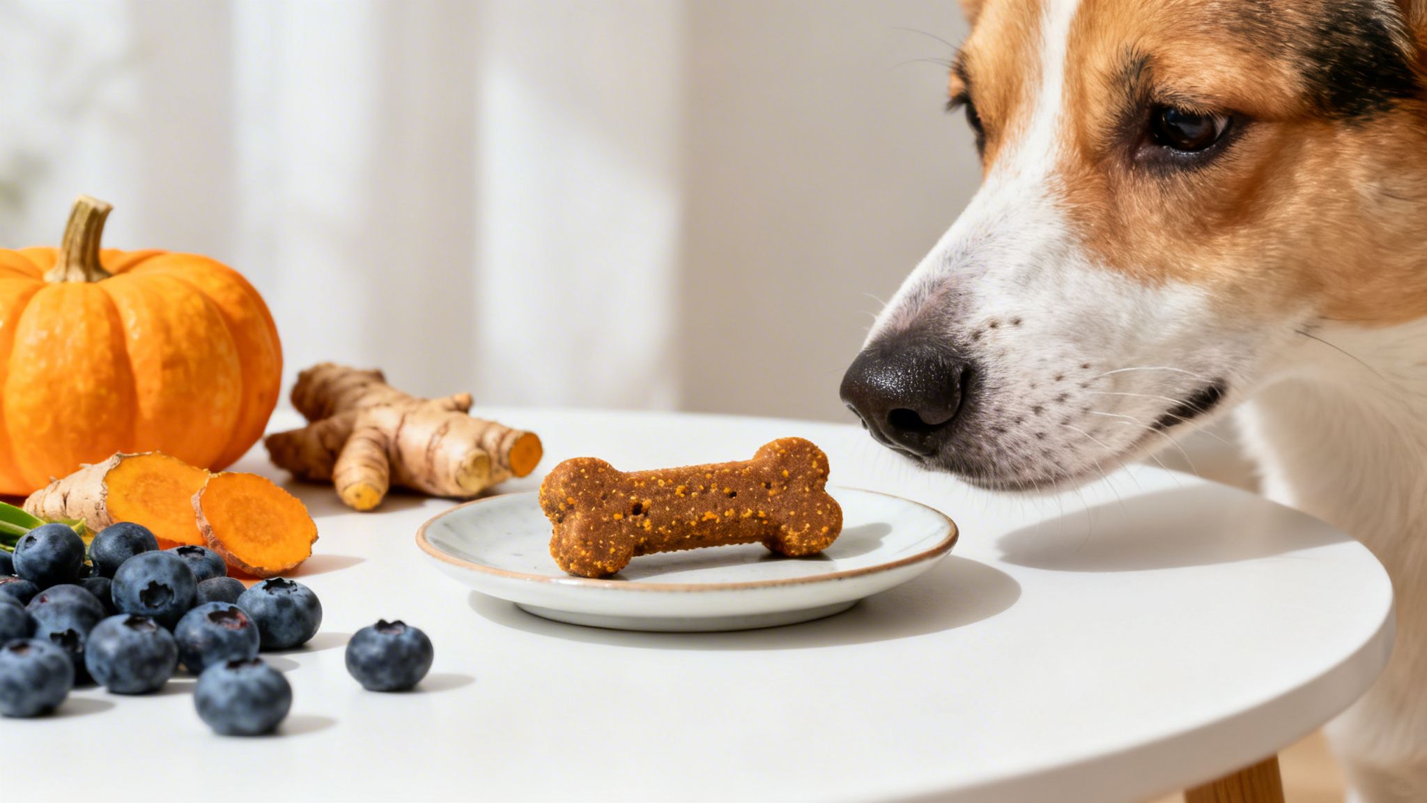 A curious dog sniffs a healthy, bone-shaped treat with organic pumpkin, blueberries, and turmeric.