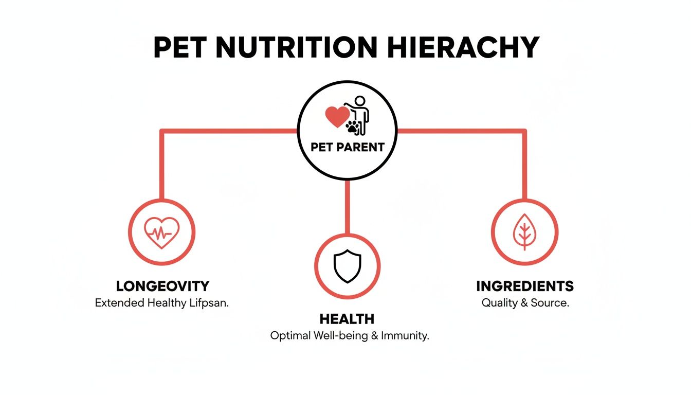 A pet nutrition hierarchy infographic, starting with the pet parent, leading to longevity, health, and ingredients.