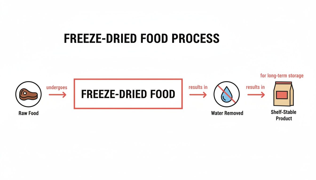 Diagram showing the freeze-dried food process from raw food to a shelf-stable product.