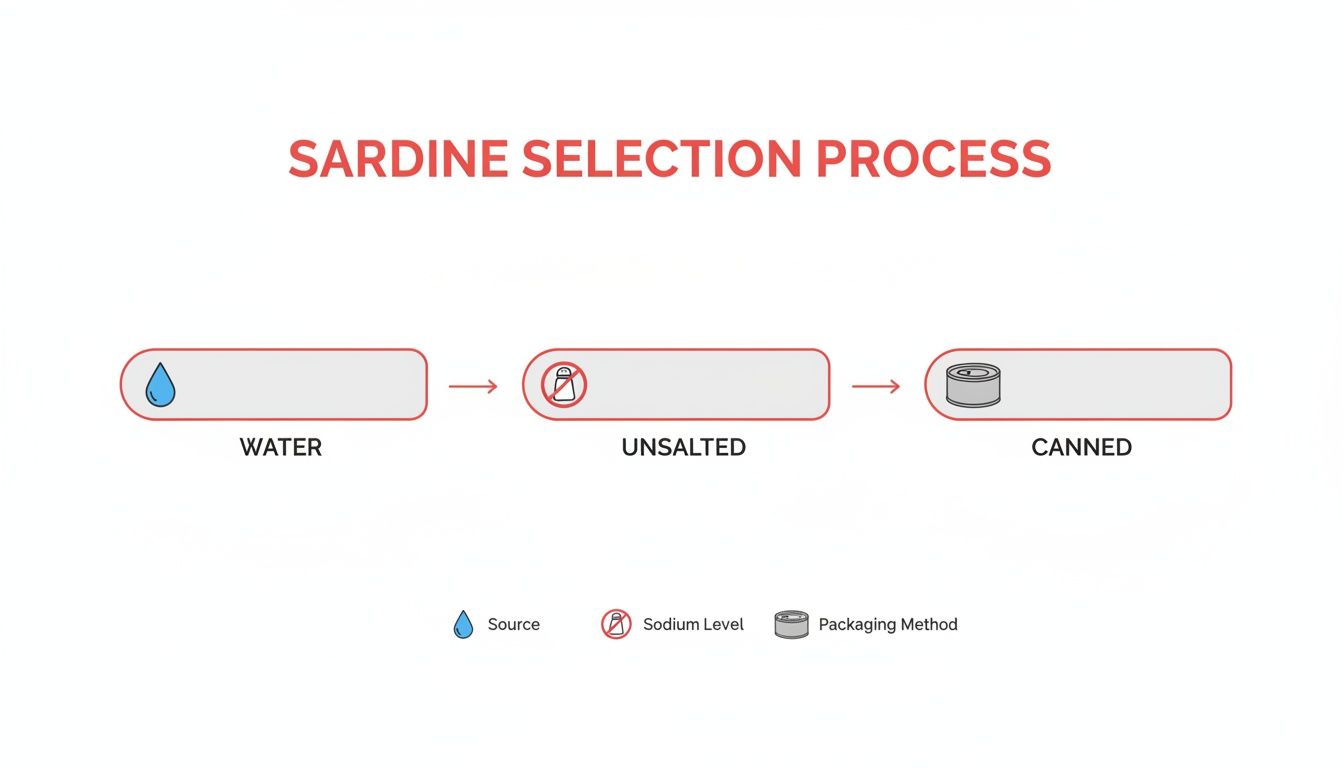 Flowchart illustrating the sardine selection process, showing water as source, unsalted, and canned packaging.