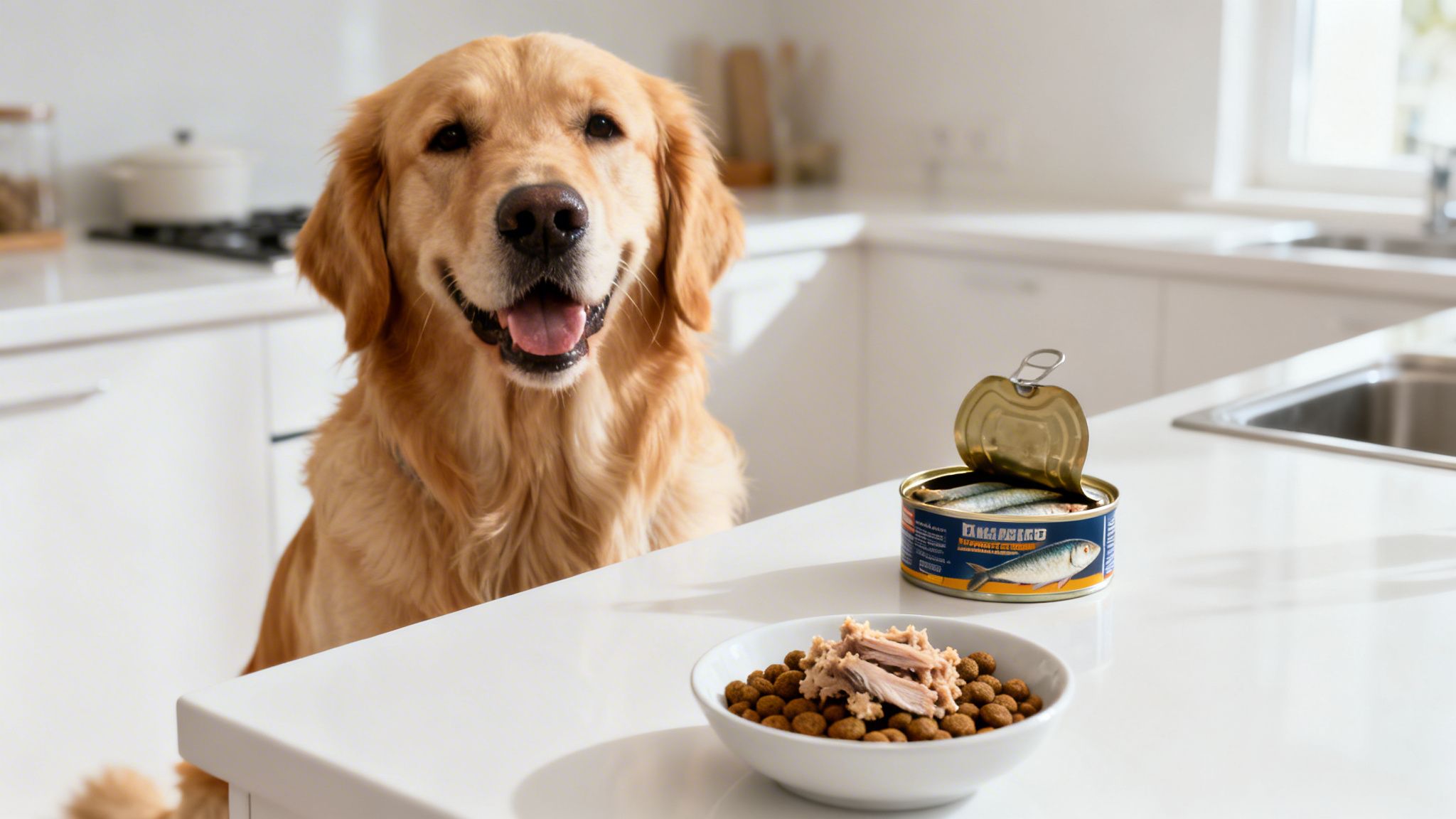 A happy golden retriever dog looks at a bowl of kibble with tuna and an open can of sardines on a kitchen counter.