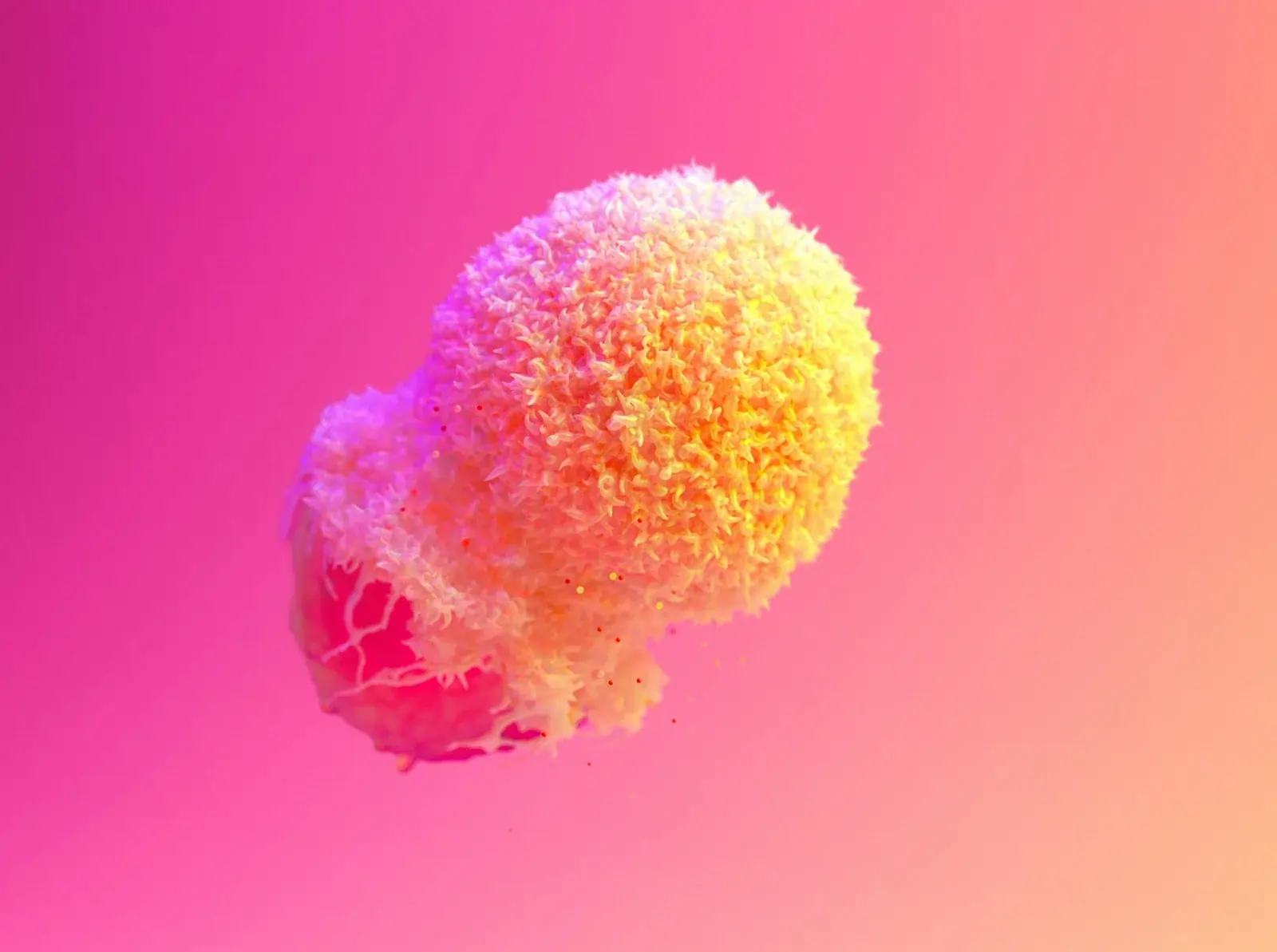 Close-up of a vibrant, abstract spherical structure with intricate, curly textures in shades of pink, purple, and yellow on a gradient pink background.