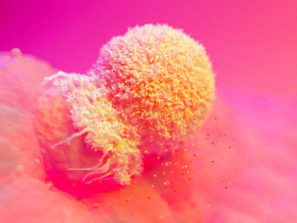 Close-up view of a yellow-orange spherical cell with textured surface interacting with a pink surface under warm lighting.