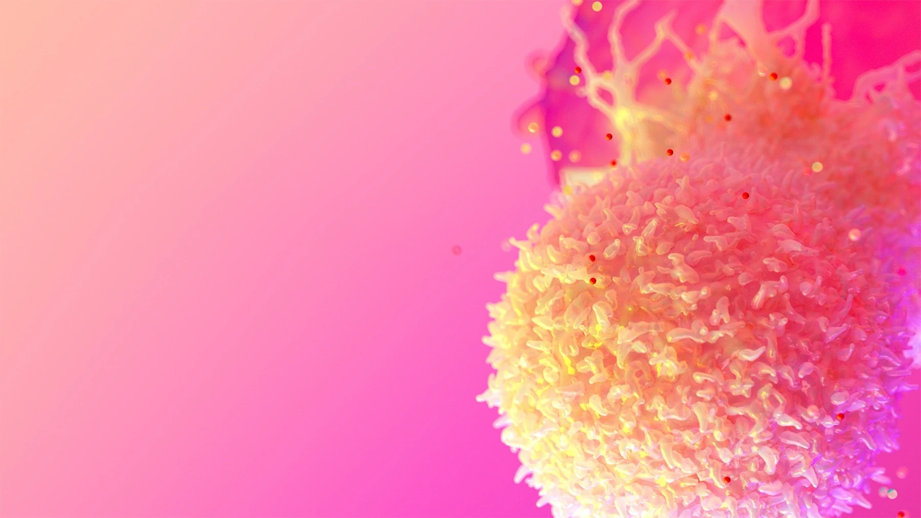 Close-up of a yellow and pink textured spherical organic structure against a gradient pink background.
