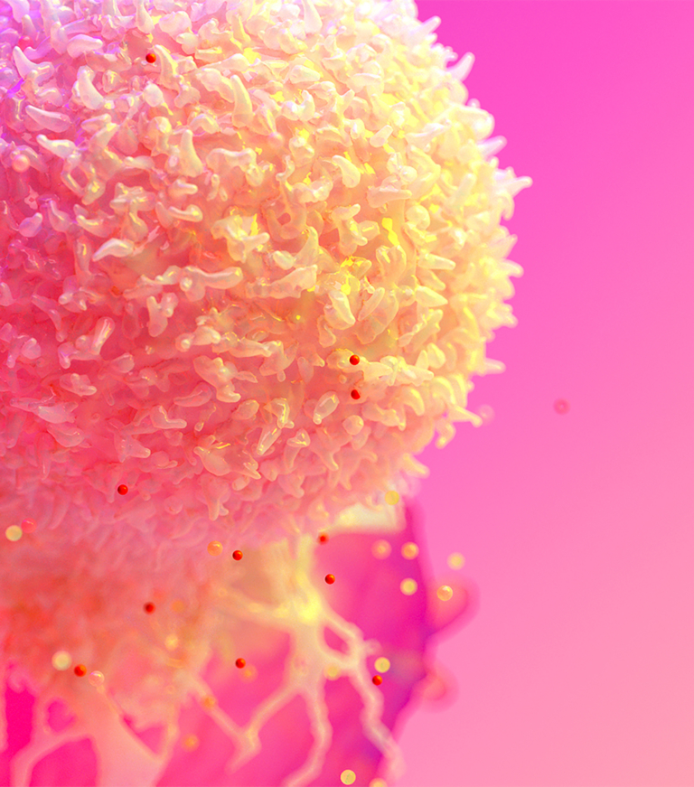 Close-up of a textured biological cell with small red and yellow particles on a pink background.