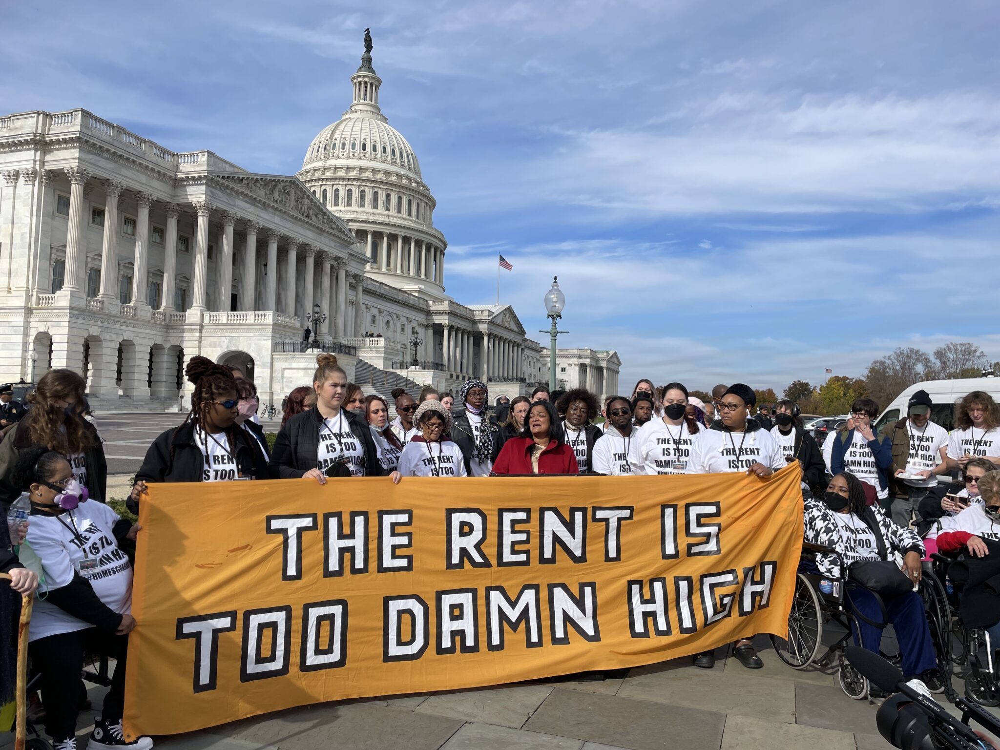 U.S. Rep. Pramila Jayapal, a Washington Democrat and the chair of the Progressive Caucus, speaks at a press event, joining about 100 tenant advocates to call on the Federal Housing Finance Agency to bolster tenant protections and rent regulations on Wednesday, Nov. 15, 2023