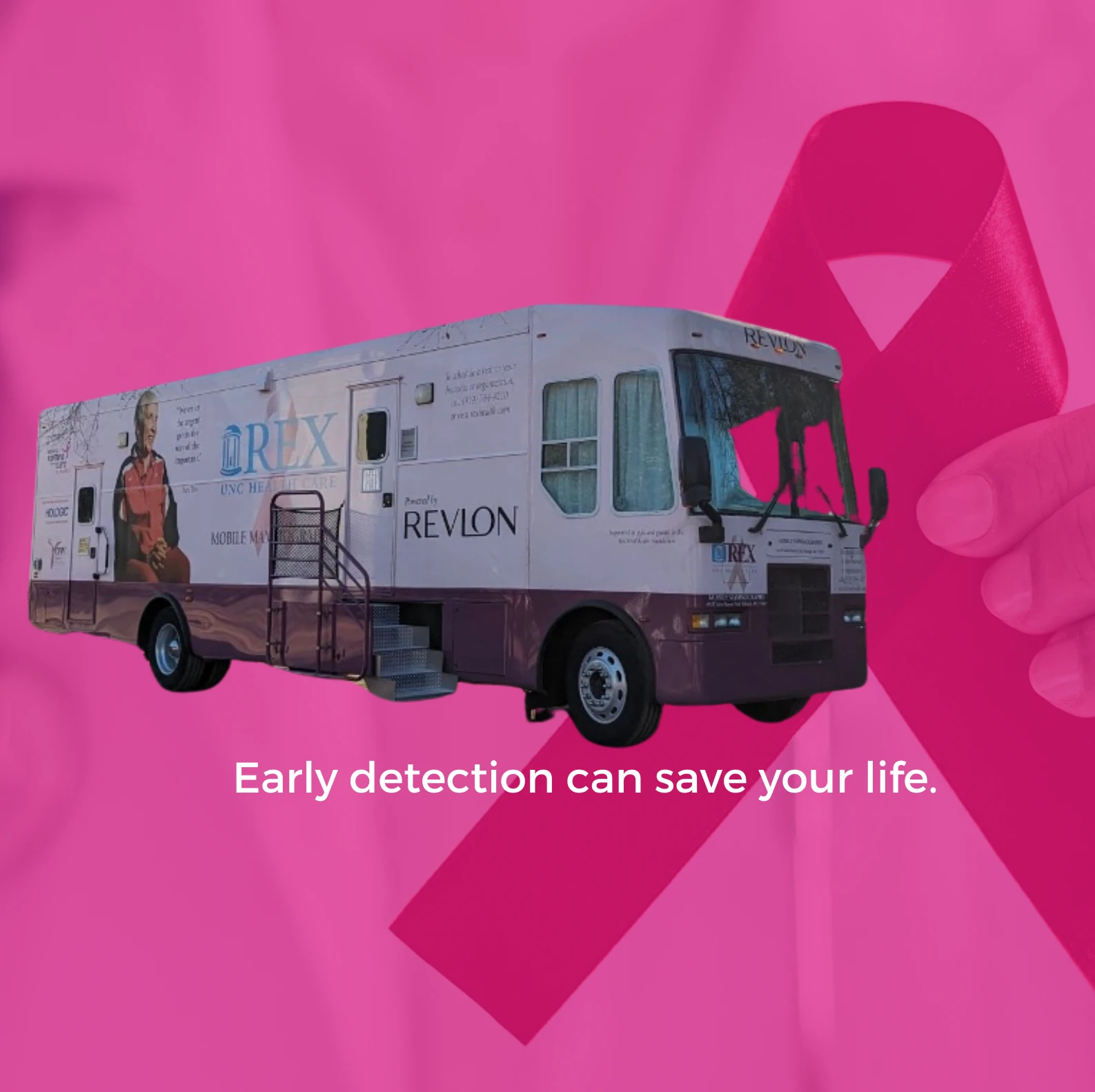 REX Mobile Mammography bus with text below t saying "Early detection can save lives"