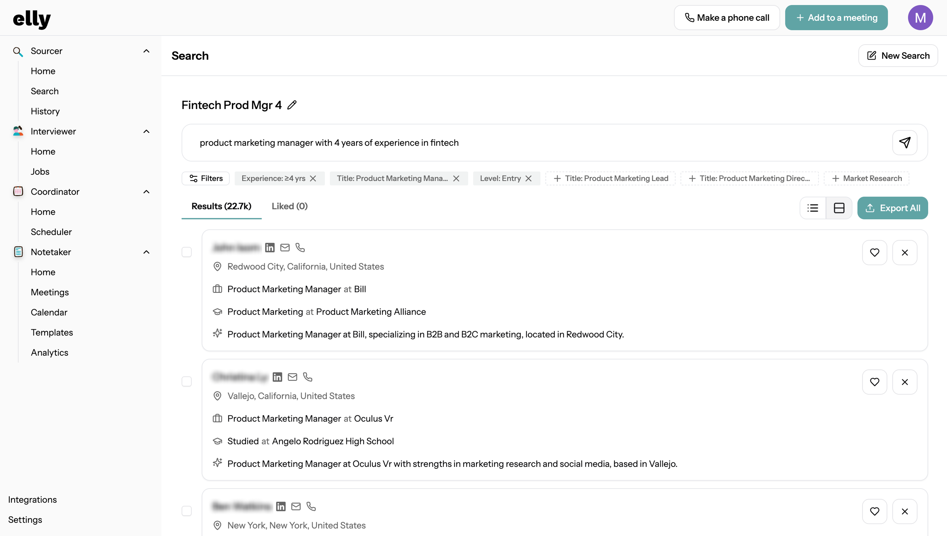 Search results for an AI Sourcer search for a product marketing manager