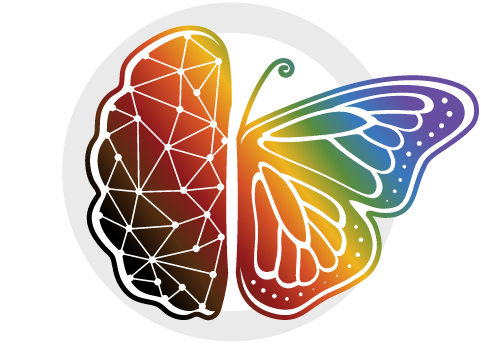 A logo with half a brain on the left and half a butterfly on the right, with a rainbow gradient fill