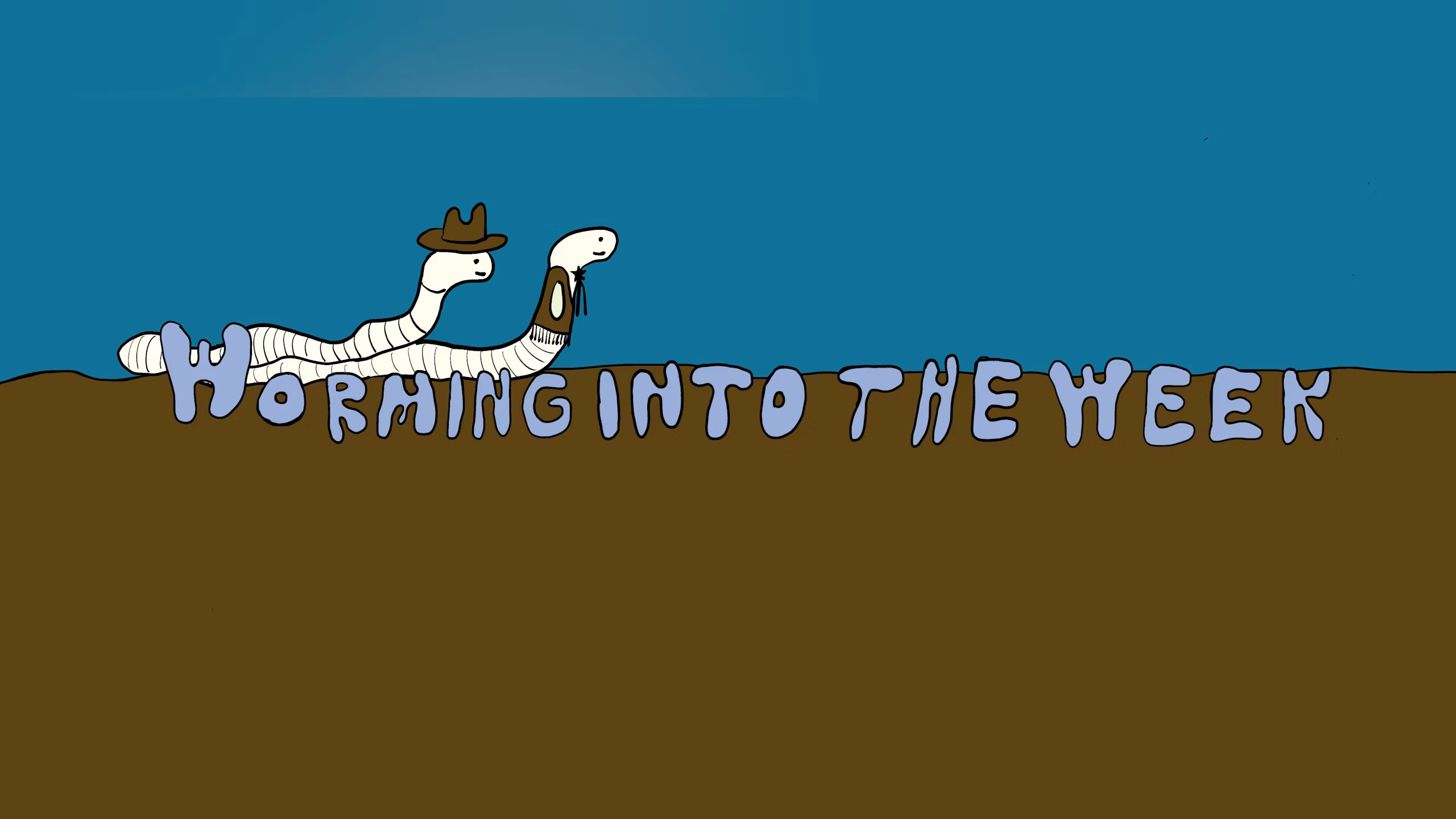 Two cartoon queer worms in Western wear wriggle through the desert.